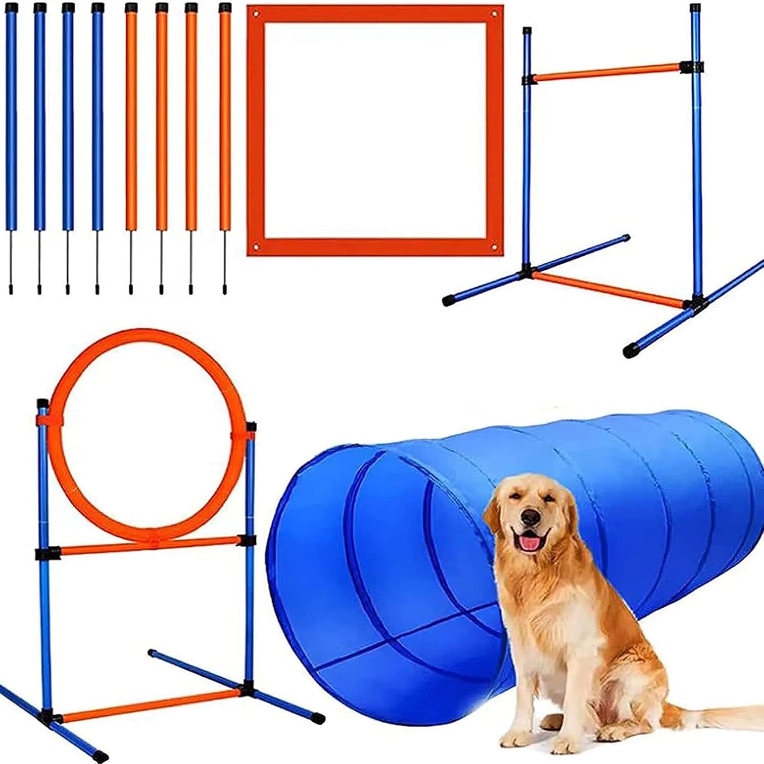 Dog Agility Training Equipment, Dog Obstacle Course Training Starter Kit Pet Outdoor Game with Tunnel, Agility Hurdle, Weave Poles, Jump Ring, Pause Box