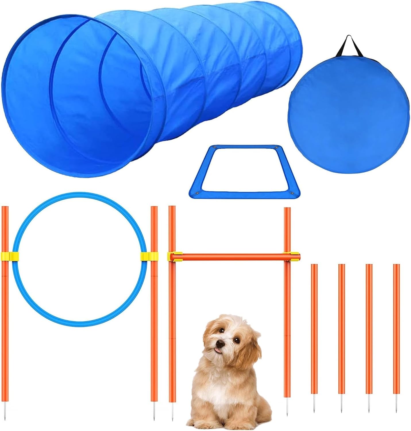 Dog Agility Training Equipment, Obstacle Training Starter Kit, Backyard Pet Outdoor Play Includes Dog Tunnel, Jumping Ring, High Jump, 4 Braided Poles, Suspend Box with Carrying Case