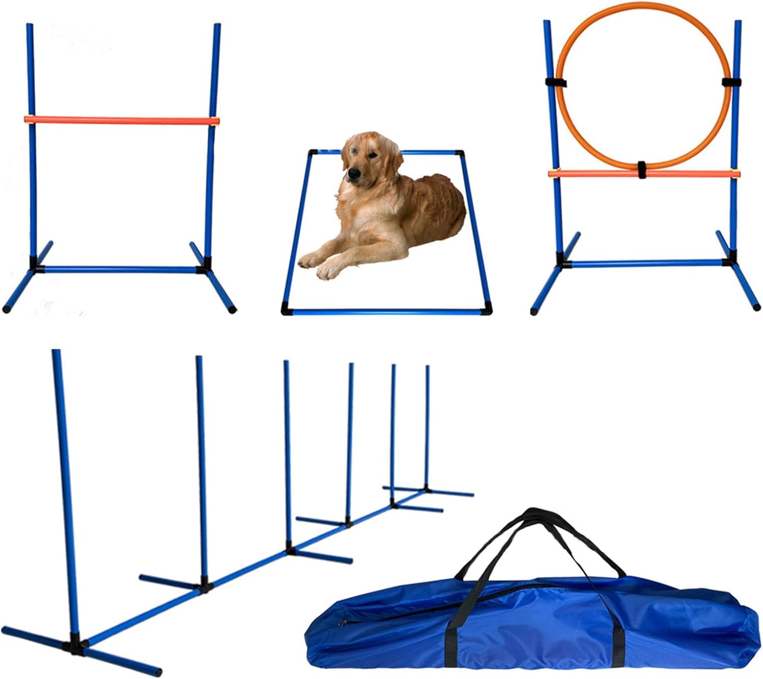 Dog Agility Training Gear Set, Outdoor and Indoor, Deluxe Obstacle Training Starter Kit with Wrap Around Pole, Adjustable Hurdles, Jump Ring, Pause Box, Carry Bag
