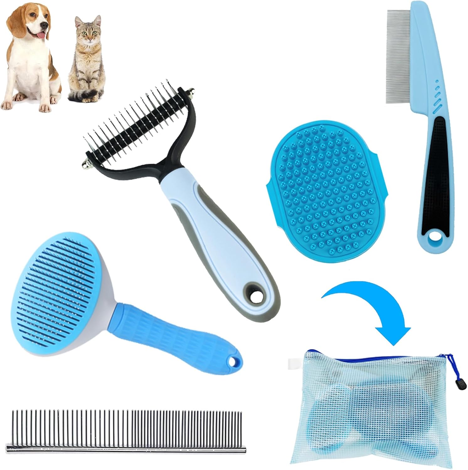 Dog Brush Grooming Kit 5PCS – Dog Brush for Shedding,Puppy Brush and Flea Comb for Dogs, Slicker Brush Comb and Dog Hair Brush Set Blue, Grooming at Home or Travel