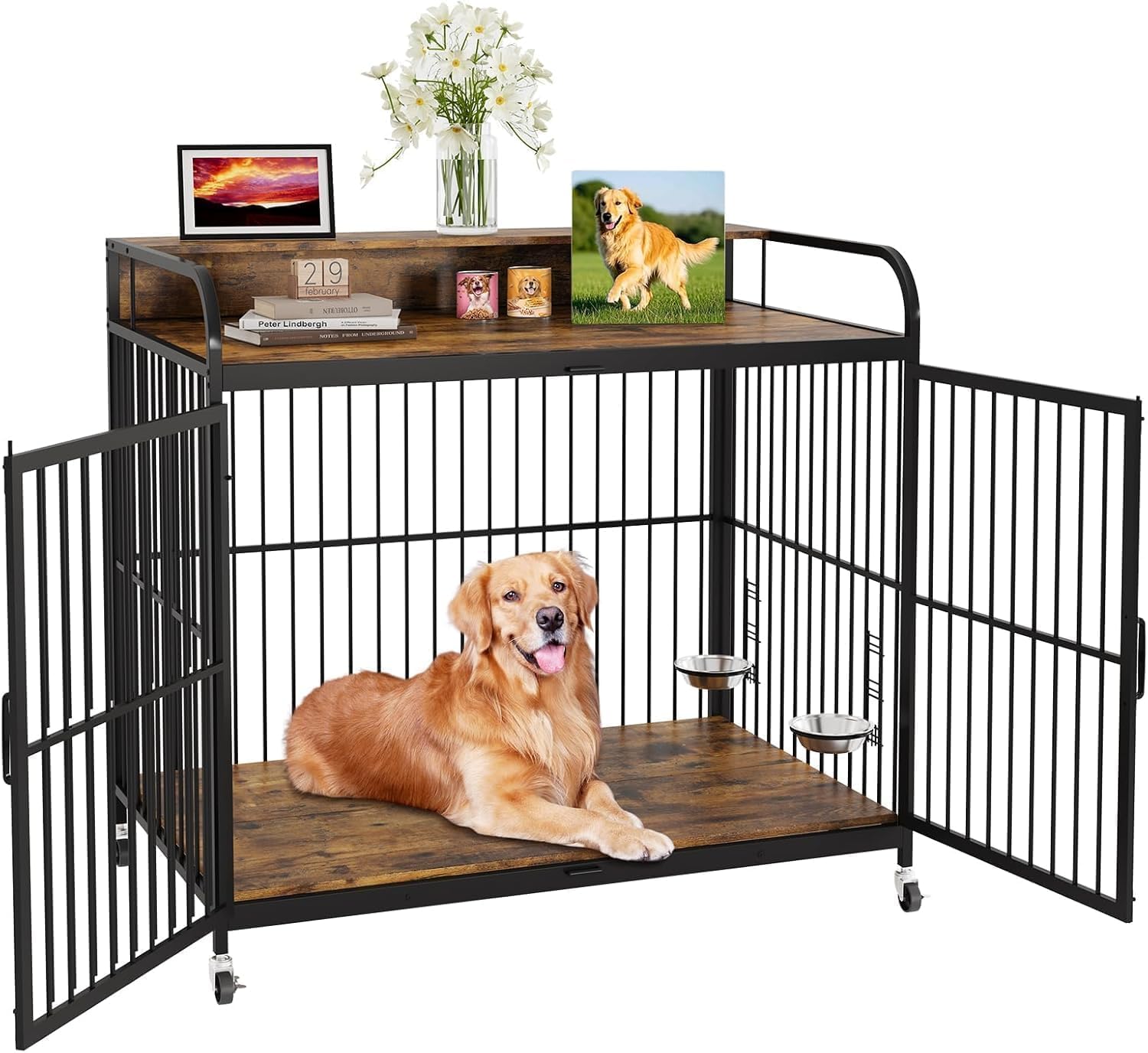 Dog Crate Furniture with Adjustable Height Feeder, Heavy Duty Dog House for Medium Dogs with 360°Wheels for Easy Mobility, Decorative End Table Design