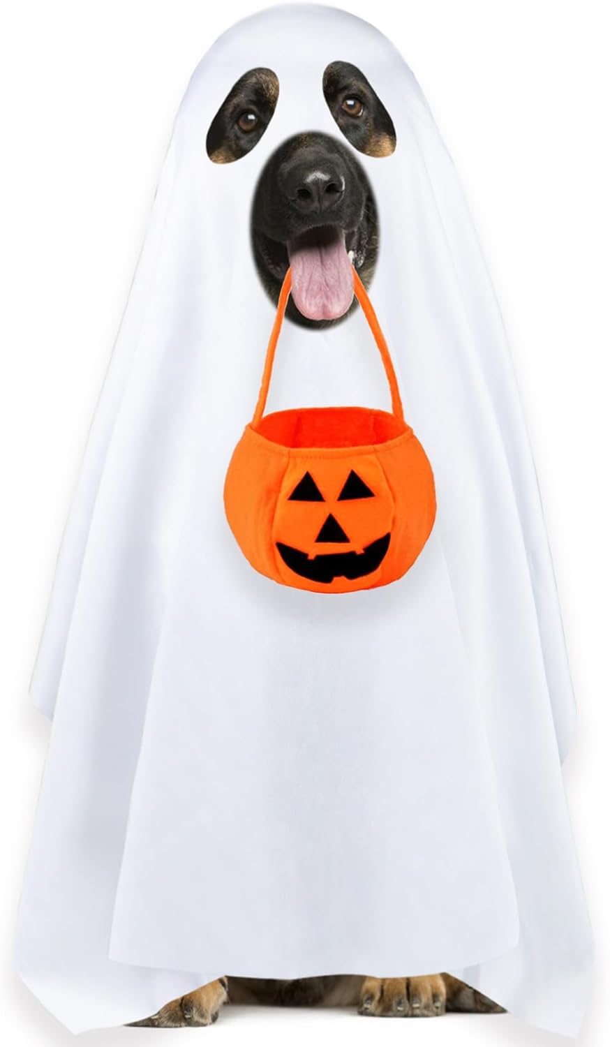 Dog Halloween Costumes, Dog Ghost Costume Funny Pet Ghost Costume with Pumpkin Candy Bag for Small Medium Large Dogs Pets (Large)