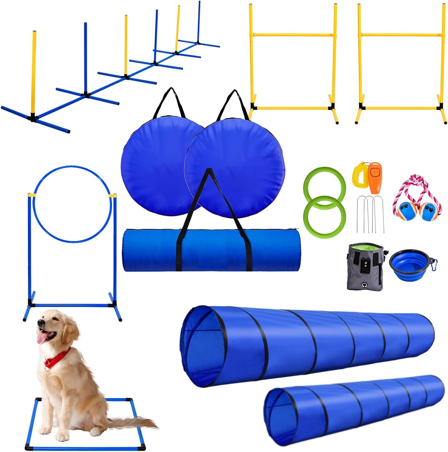 Dog Obstacle Course Training Kit | Agility Equipment Set with 2 Durable Tunnels, 6 Weave Poles, Adjustable Jump Ring, 2 Hurdle Jumps, Pause Box, Whistle, Folding Bowl, Toy Balls, Carry Bags