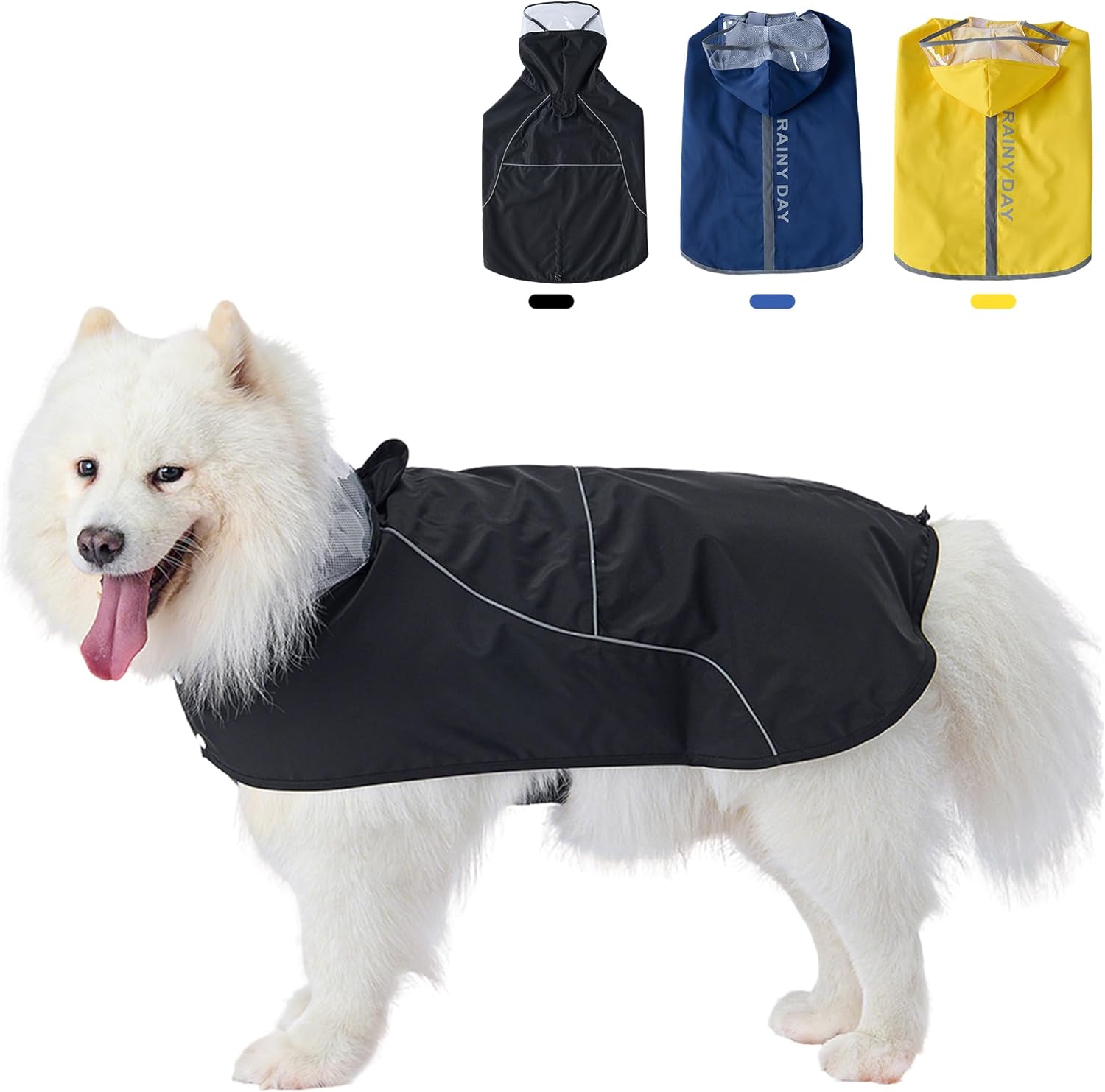 Dog Raincoat Adjustable Pet Waterproof Clothes Lightweight Rain Jacket Poncho Hoodies with Strip Reflective (Black, Large)