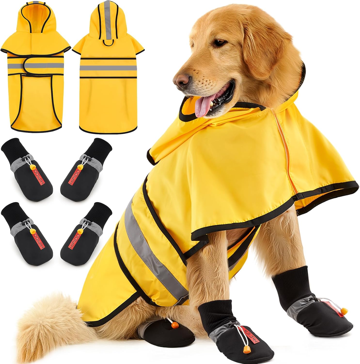 Dog Raincoat and Shoes for Weighing 35-50lbs, Winter Snowy Day Waterproof Dogs Boots & Paw Protectors, Adjustable Pet Poncho with Leash Hole for Large Medium Small Dogs, Yellow(Single Side)