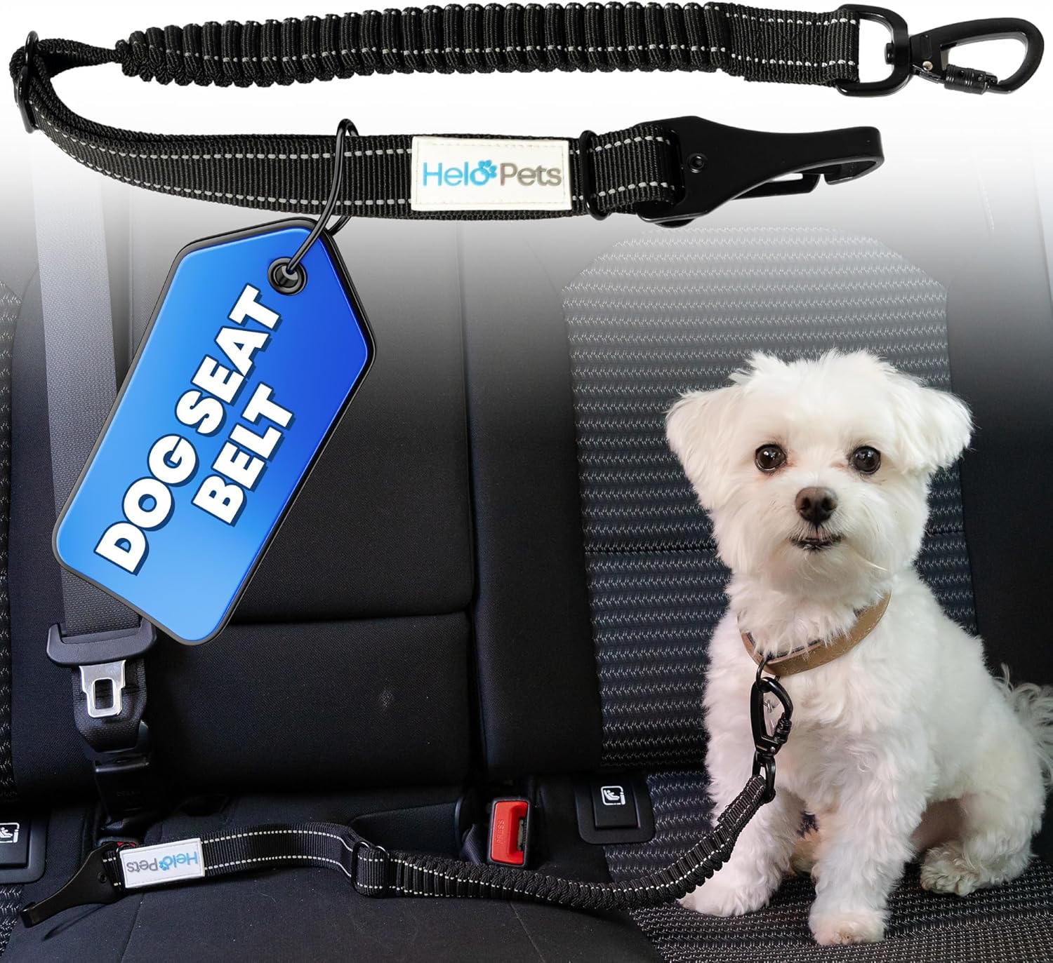 Dog Seat Belt for Car 3-in-1 Adjustable Safety Seatbelt for Dogs in Car – Durable Extra Thick Nylon Webbing Bungee with Hook & Buckle Latch, Reflective Dog Harness (Black).