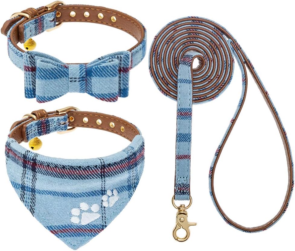 EXPAWLORER Puppy Collar and Leash Set – Embroidery Pawprints Plaid Dog Collar and Dog Leash Set, Bow Tie and Bandana Dog Collar with Bell, Cute Collar and Leash for Dogs Cats Outdoor Walking, Blue S