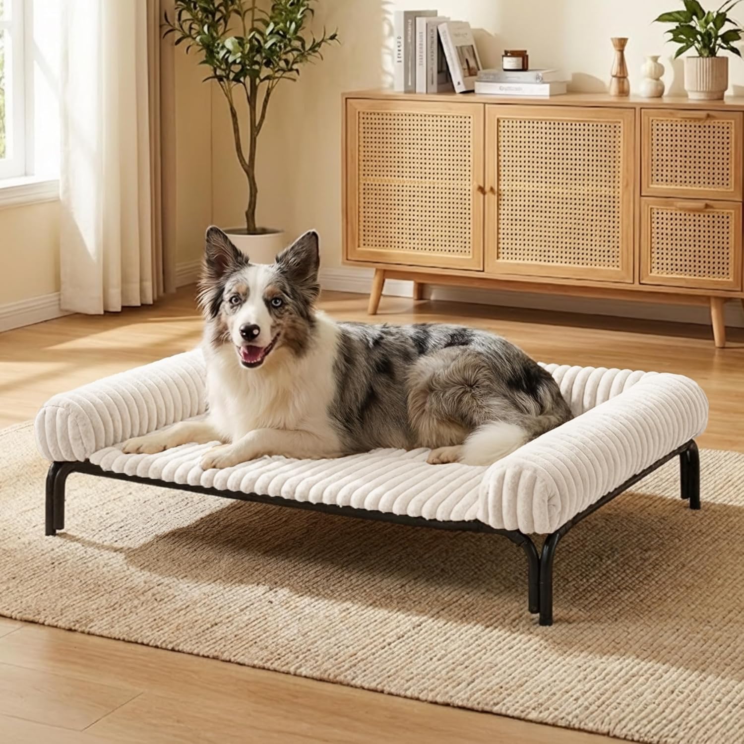 Elevated Dog Bed with Removable Fluffy Pillow Cushion, Raised Pet Cot Washable Bolster, Dog Couch Sofa, Anti Slip Feet, Cream, 43″×32″