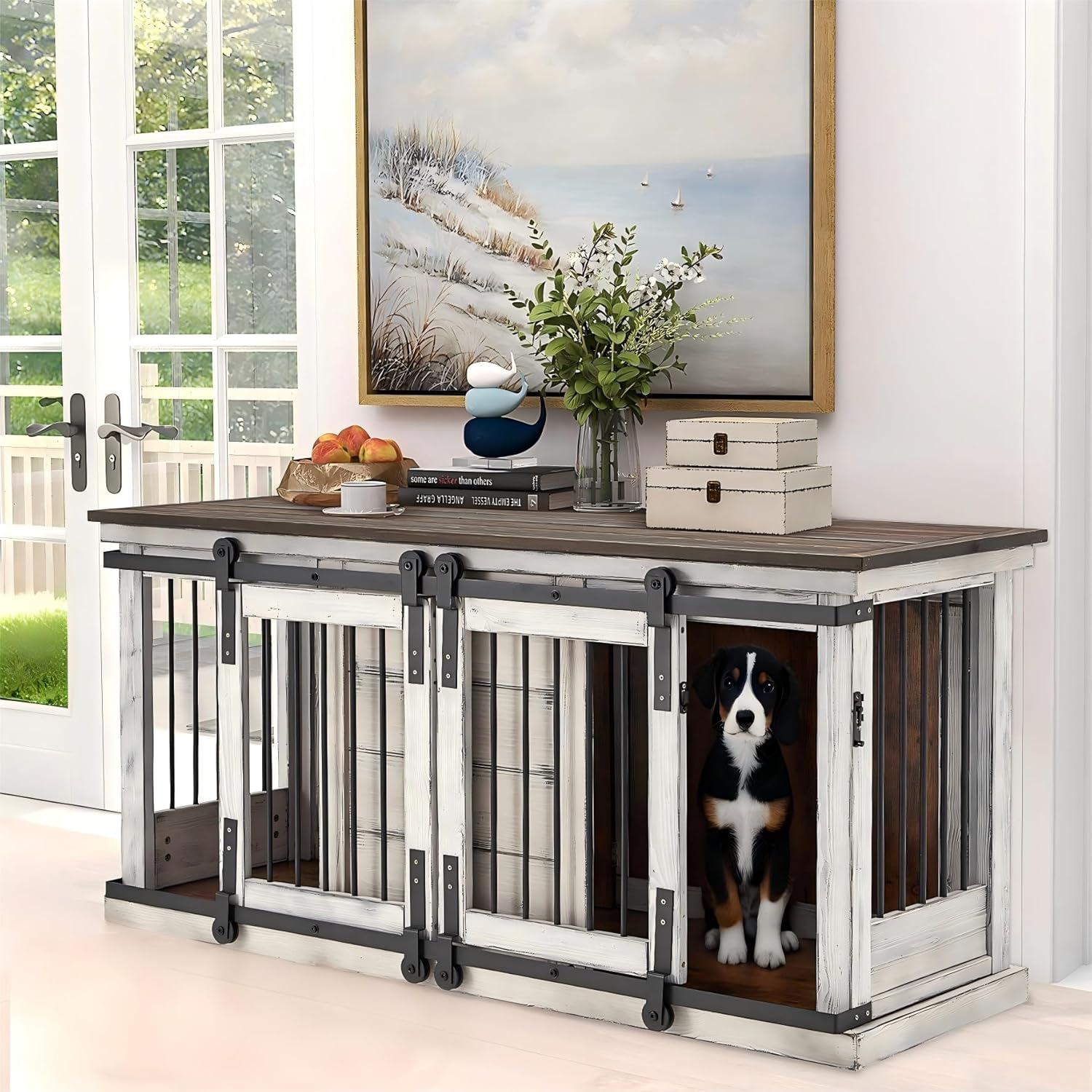 Erinnyees 62.5” Large Dog Crate Furniture, Solid Wood Furniture Style Dog Crate with Removable Divider, Bite Resistant Dog Kennel Indoor, Dog Cage with Sliding Barn Door Design（White）