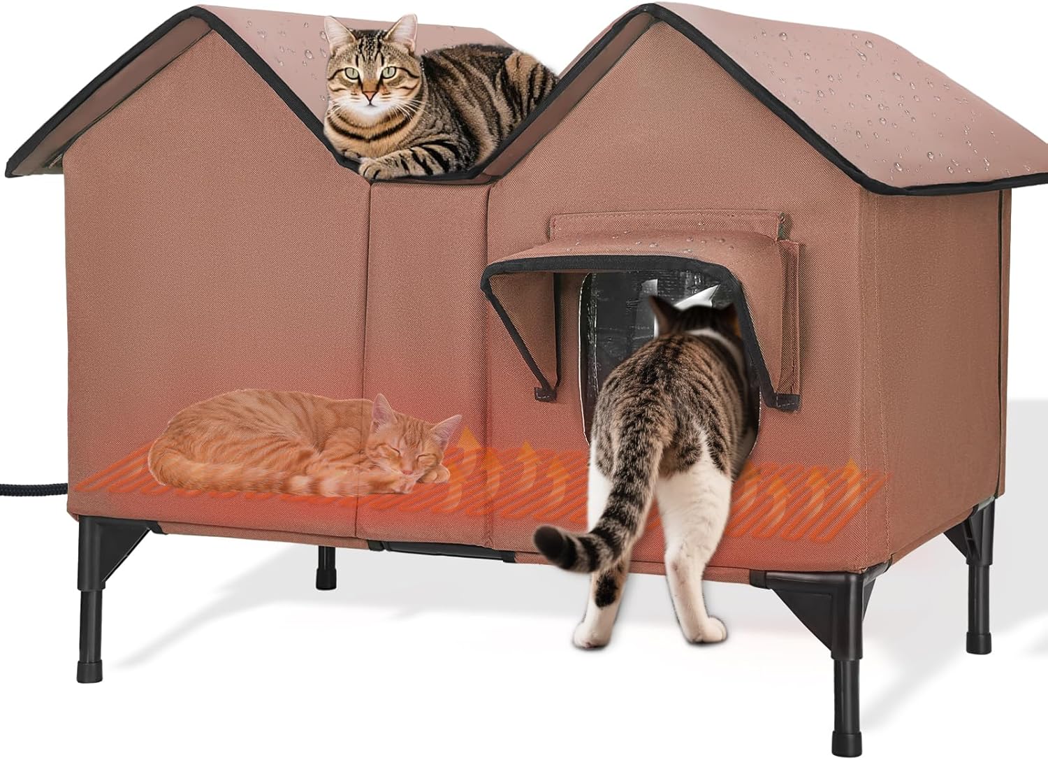 Extra Large Heated Outdoor Cat House Weatherproof, Insulated Outdoor Heated Cat House for Outside with Heater, Elevated Outdoor Feral Cat Shelter for Multiple Cats Small Dogs (Brown, XL)