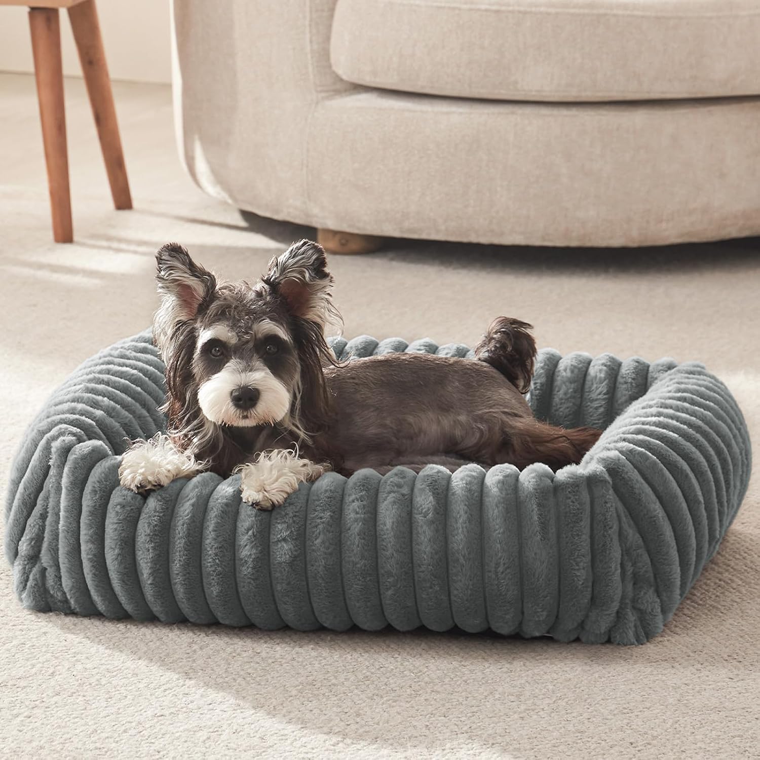 FURTIME Dog Bed for Small Dogs, Washable Orthopedic Dog Bed with Removable Cover, Rectangle Soft Calming Sleeping Puppy Bed Durable Pet Cuddler with Anti-Slip Bottom, Grey, S (20″x19″x6″)