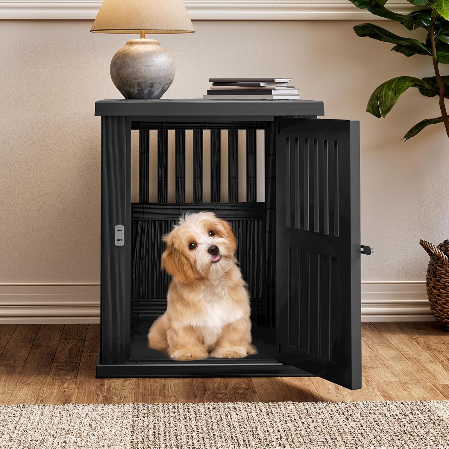 Fancyango 30-Inch Heavy Duty Dog Crate Furniture Lockable Indoor Outdoor Kennel & End Table for Small/Medium Dogs Decorative Plastic Pet Cage in Black