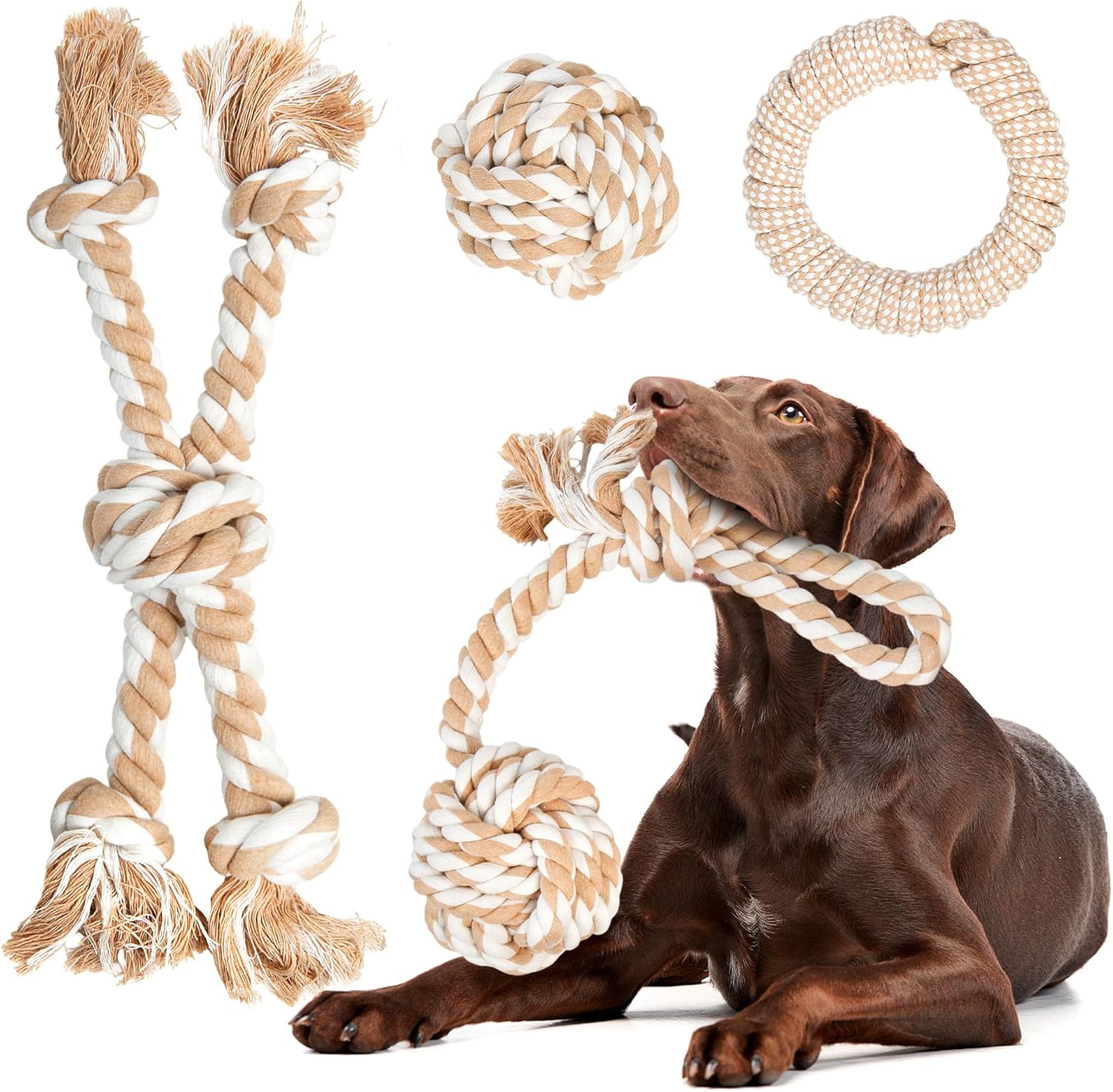 Fida Heavy Duty Dog Rope Toys for Aggressive Chewers 4pcs Pack – Natural Cotton Dog Chew Toys for Large Dogs, Tug-of-War & Fetch Rope Ball/Ring/Knot/Twist to Keep Them Busy