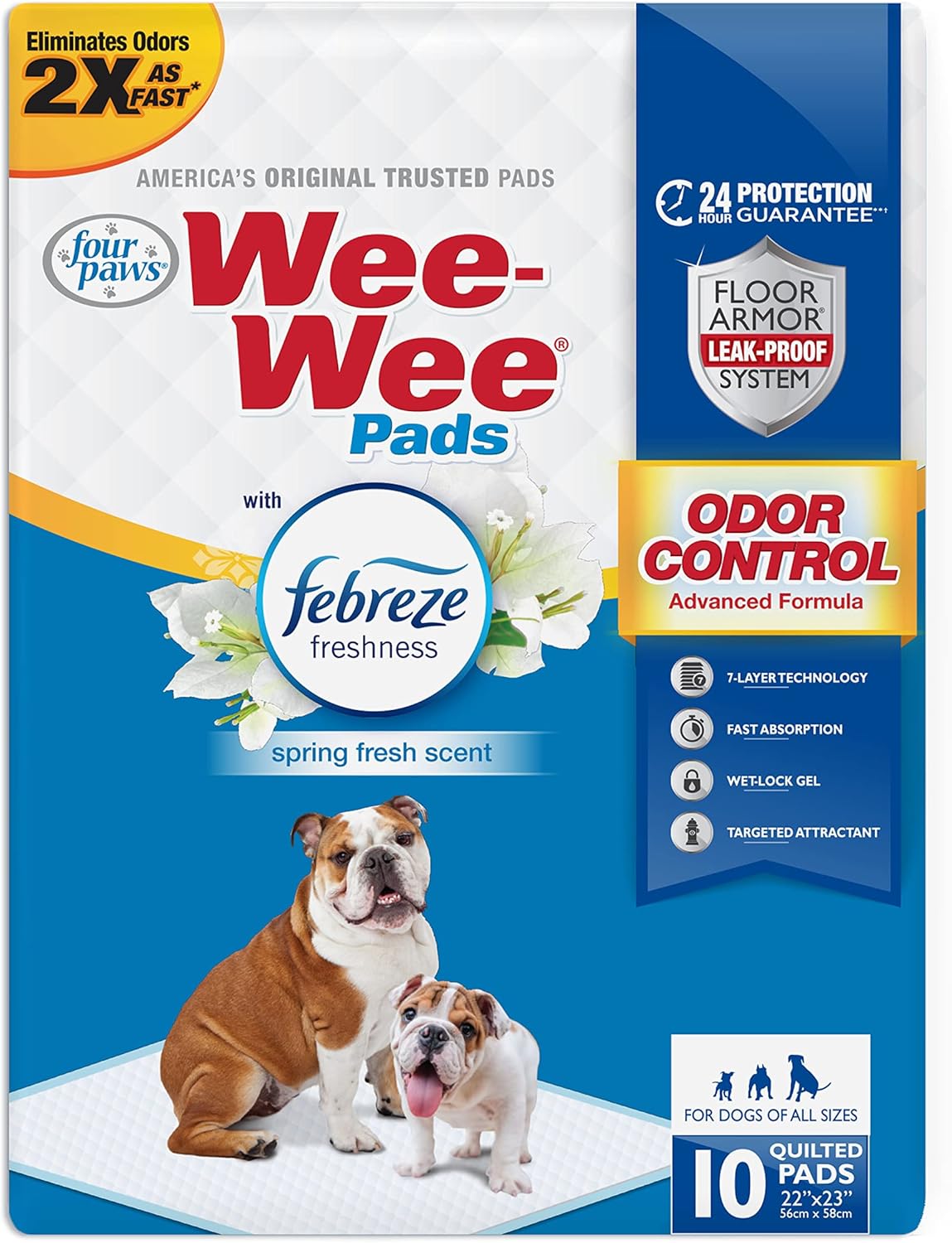 Four Paws Wee-Wee Odor Control with Febreze Freshness Pee Pads for Dogs & Puppies, Leak-Proof Dog Housebreaking Potty Training Floor Protection, Spring Fresh Scent, 22″ x 23″, 10 Count