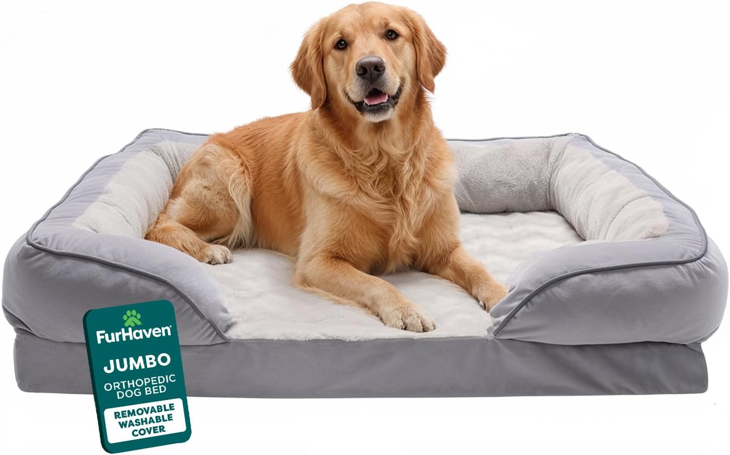 Furhaven Orthopedic Dog Bed for Large Dogs w/ Removable Bolsters & Washable Cover, For Dogs Up to 95 lbs – Plush & Velvet Waves Perfect Comfort Sofa – Granite Gray, Jumbo/XL