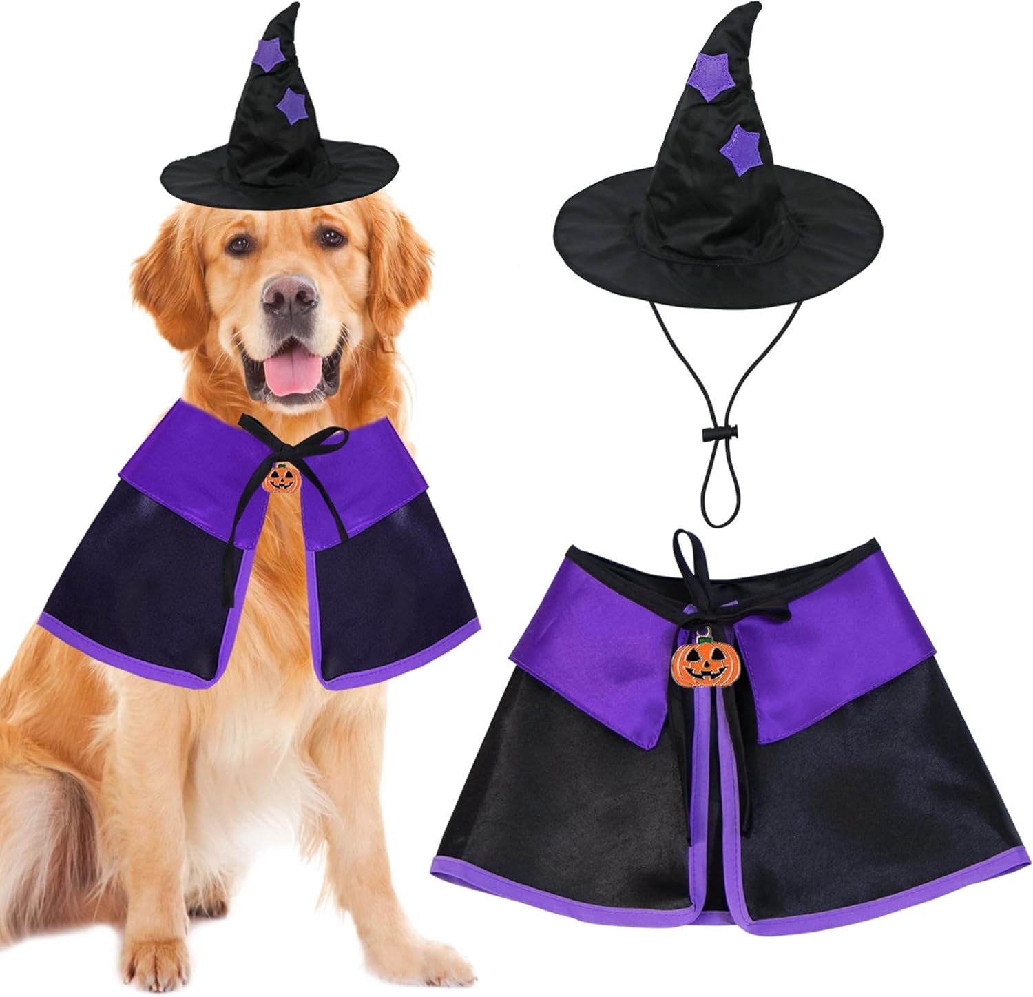 GOYOSWA Dog Halloween Costumes, Dog Witch Costume Halloween Dog Witch Cloak Cape Wizard Hat Halloween Costumes for Small Medium Large Dogs Pets (Large)