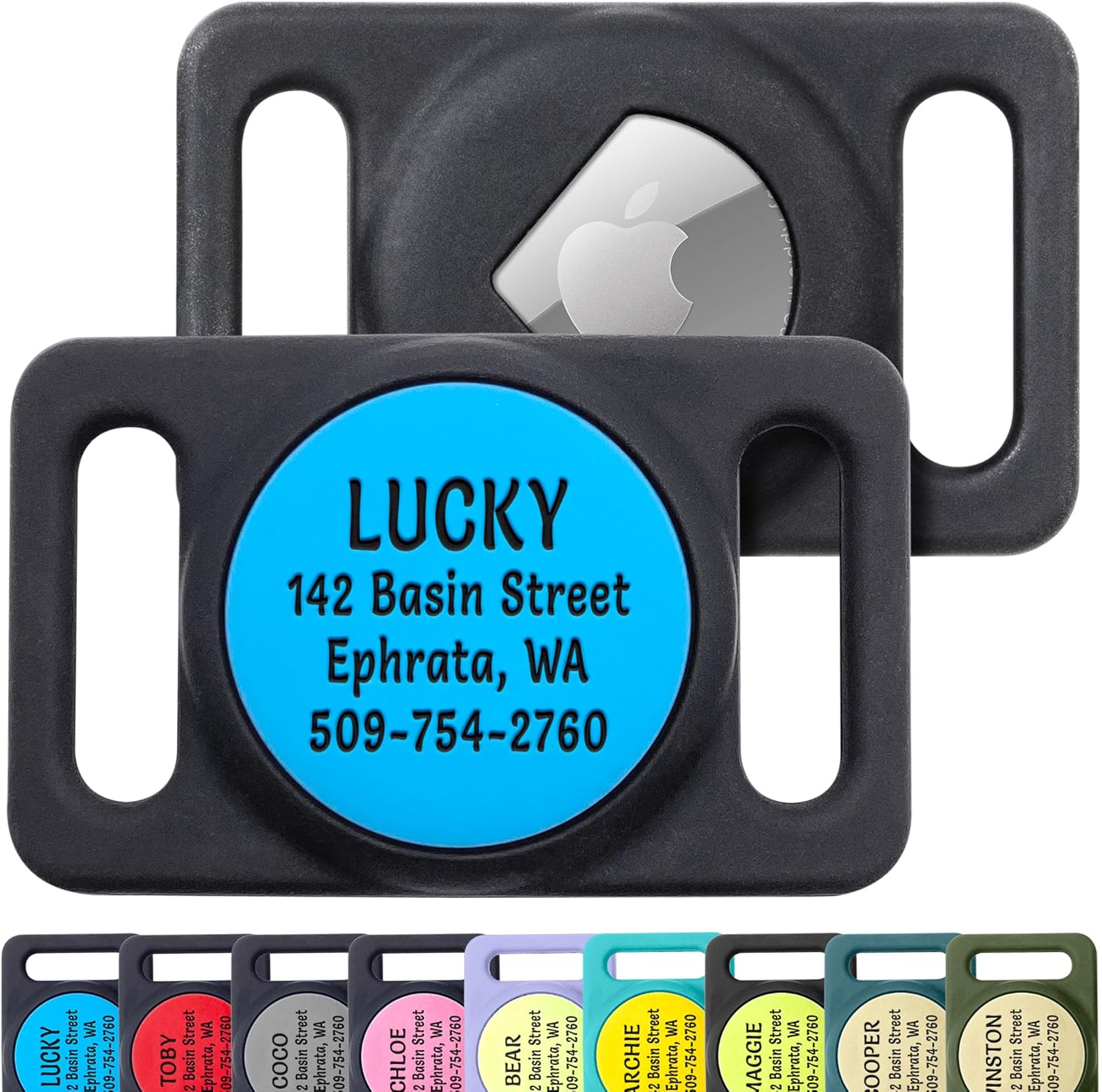 GoTags Designed for Airtag Engraved Dog Collar Holder, Personalized Case for Pet Collar, Up to 4 Lines of Custom Text, Slide On Tag for GPS Dog Tracker, Compatible with Apple iPhone (Solid, Large)