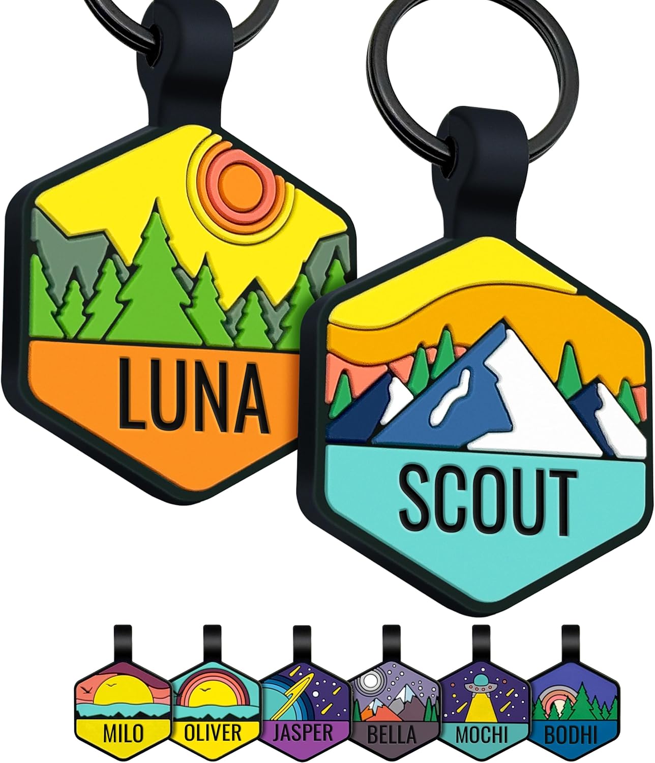 GoTags Silicone Dog Tag with Design, Silent Personalized Engraved Dog and Cat Name Pet ID Tags, Soundless No More Jingling Dog Tags Outdoor Colorful Designs, Mountain, Forest and Space Theme