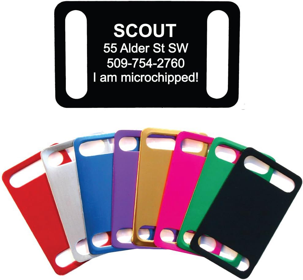 GoTags Slide-on Dog Tags, Silent Collar Tags for Dog and Cat Collars, Custom Engraved and Personalized with up to 4 Lines of Text, No Noise, Quiet Dog Tags