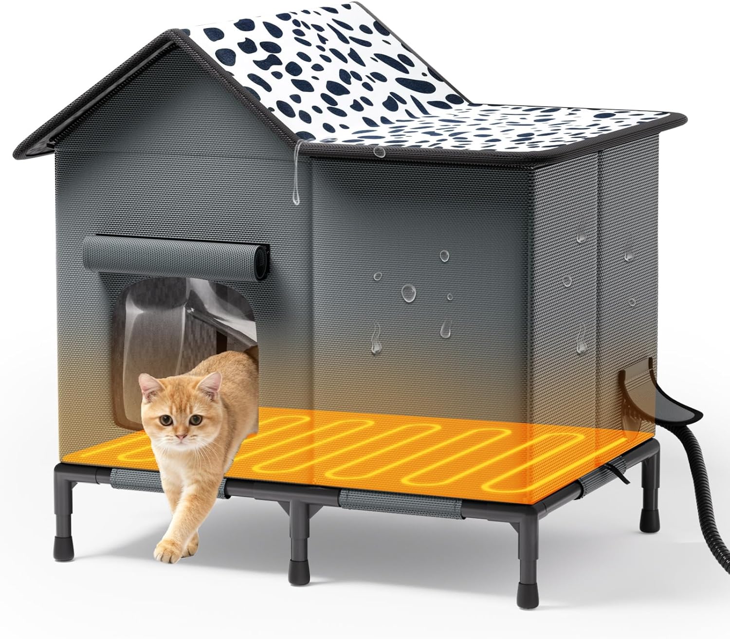 Heated Cat Houses for Outside Cats, Winter Insulated Weatherproof Outdoor Cat Heated House Shelter for Indoor Outdoor Feral Stray Barn Cats (25″ x 14.6″ x 24″,Black Spots)