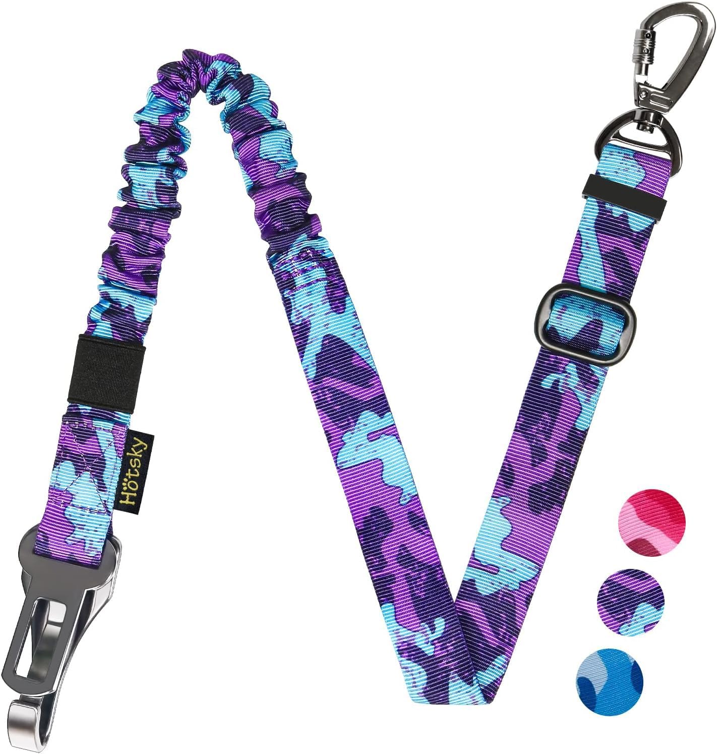 Hotsky Dog Seat Belt, Adjustable Safety Seatbelt 3-in-1 Car Harness for Dogs in Car Nylon Elastic Bungee Buffer Tether with Clip Hook Latch Buckle Swivel Zinc Alloy Carabiner(Purple Camo)