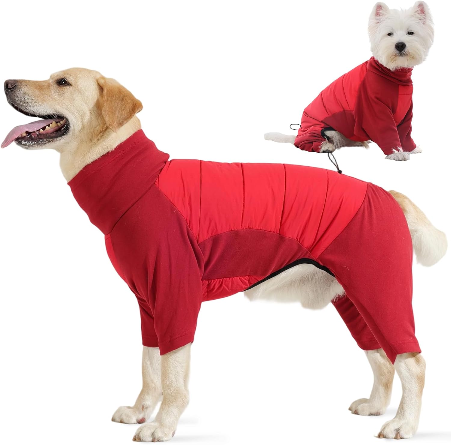 IDOMIK Dog Coat, Waterproof Dog Winter Coat with Harness Hole, Four-Legged Turtleneck Doggy Jackets for Large Medium Small Dogs, Warm Pet Pajamas Snow Jacket for Christmas Cold Weather,Red,S