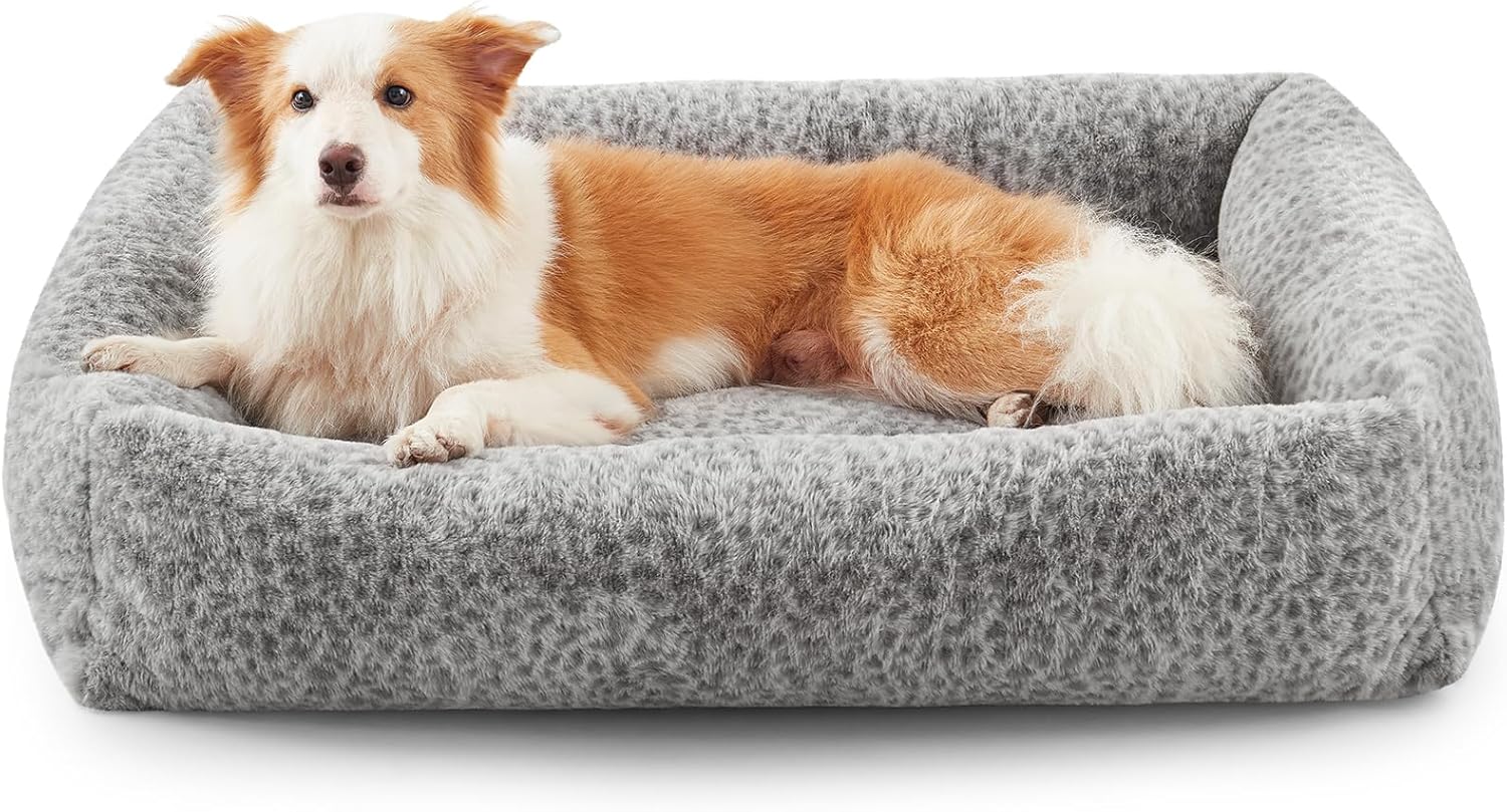 JOEJOY Dog Bed Medium Size Dog, Removable Washable Cover Orthopedic Soft Faux Rabbit Fur Pet Bed, Cute Calming Puppy Bed with Non Skid Bottom