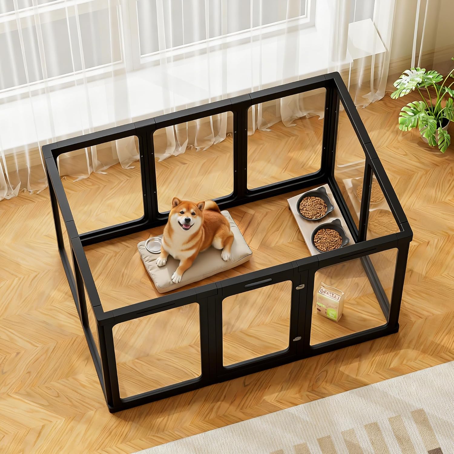 Jalove 30″ H Clear Acrylic Plastic Dog Playpen Indoor, 10PCS for Puppy Cat Rabbit Ferret Transparent Pet Pen, Easy Assemble Whelping Crate Kennel Cage Enclosure, Ideal for Small to Medium Dogs, Black