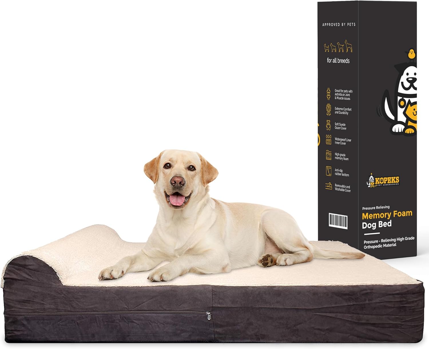 KOPEKS Jumbo Orthopedic Dog Bed – 7-inch Thick Memory Foam Pet Bed with Pillow with Removable Cover & Free Waterproof Liner – for Large Breed Dogs, XL, Brown-Plush Top