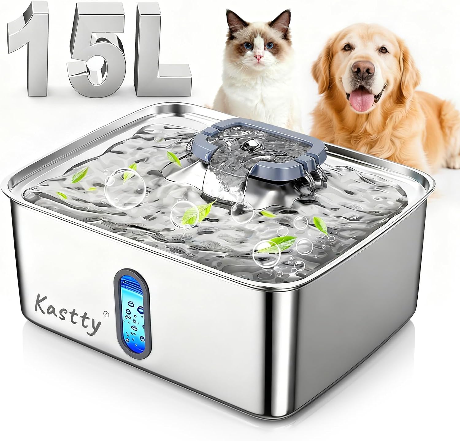 Kastty Dog Water Fountain for Large Dogs: 15L Stainless Steel Dog Water Bowl Dispenser -Super Quiet Pet Water Fountain with Visual Water Level-Great for Large Dogs Cats and Multi-Pet Home FS78(Grey)
