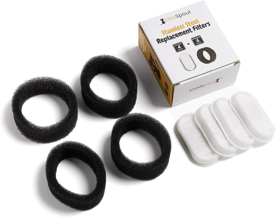 KittySpout Cat Water Fountain Filters for 108oz/3.2L… (2 Month Supply: 4 Filters & 4 Sponges)