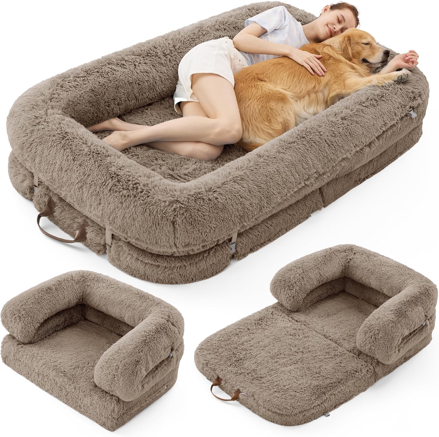 LE SURE Foldable Human Dog Bed – 3 in 1 Flexible Giant Human Dog Bed for Adult People with Supportive Bolster Egg Foam, Waterproof Liner, Calming Fluffy Faux Fur Orthopedic Big Bean Bed, Taupe