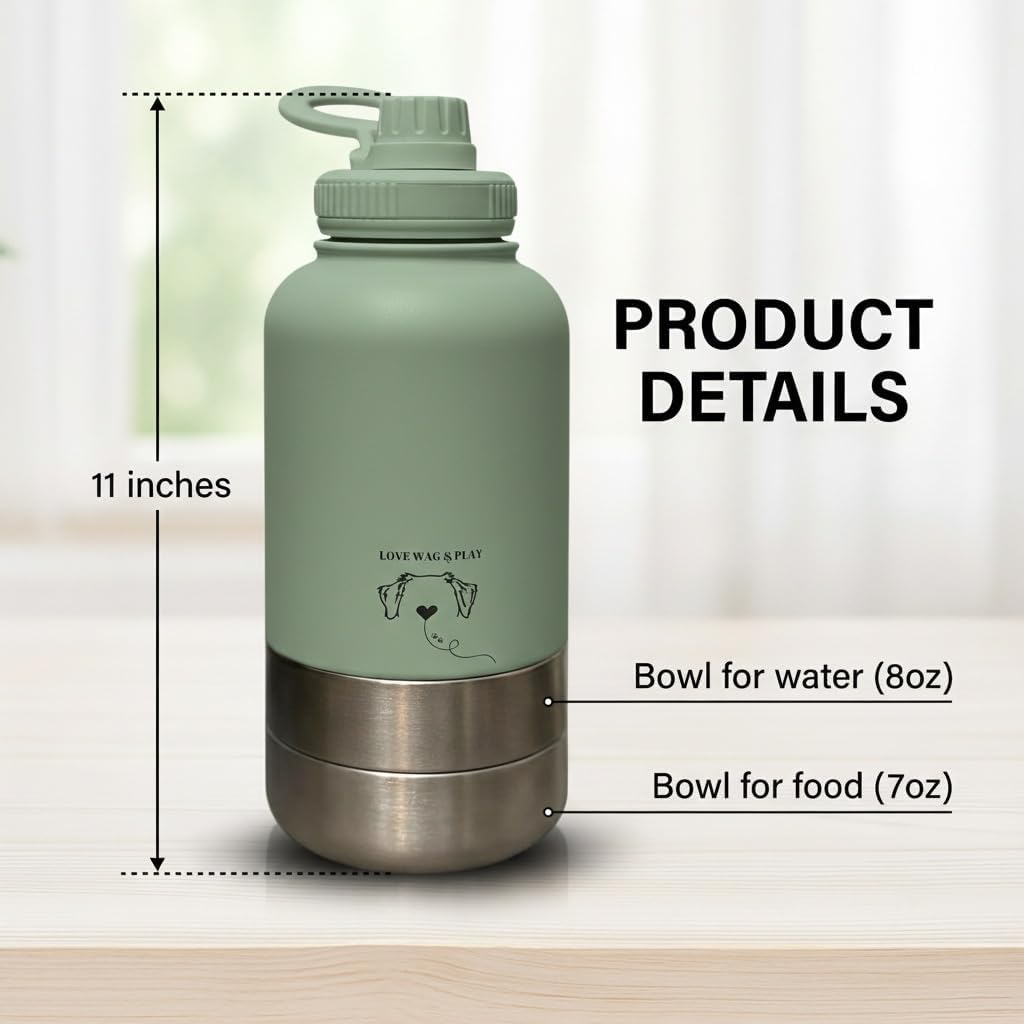 Love Wag & Play Dog Water Bottle Portable – 2 in 1 Stainless Steel Bowl for Food, Water – Leakproof Portable Water Bowl for Dog with Carry Loop – Detachable Design – Ideal for Kibble, Treats – Green