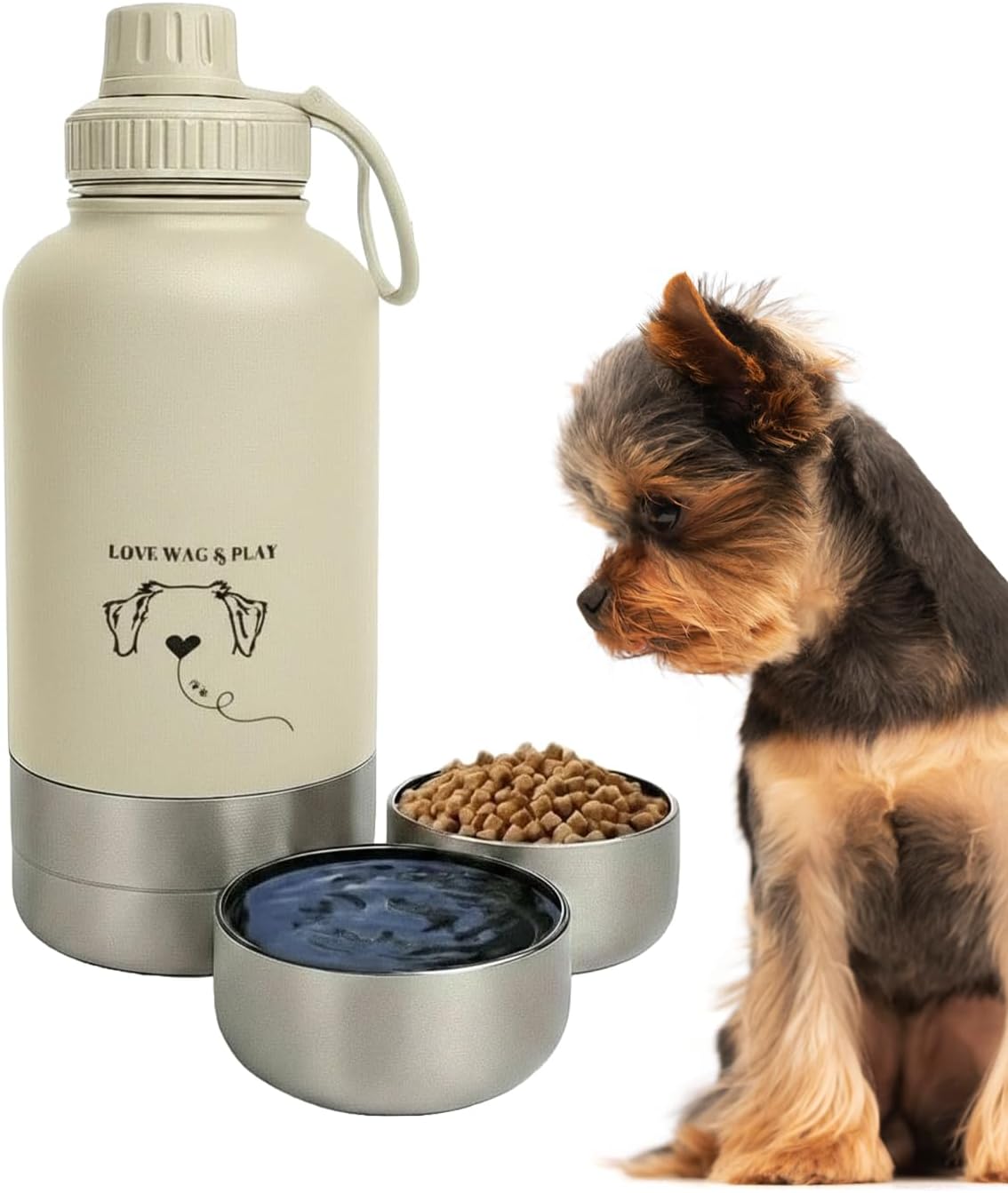 Love Wag & Play Dog Water Bottle with Food Bowls, Portable Stainless Steel Bottle for Dogs, Leakproof Travel Design with Detachable Bowls for Walks, Hikes and Outdoor Adventures (32 oz)