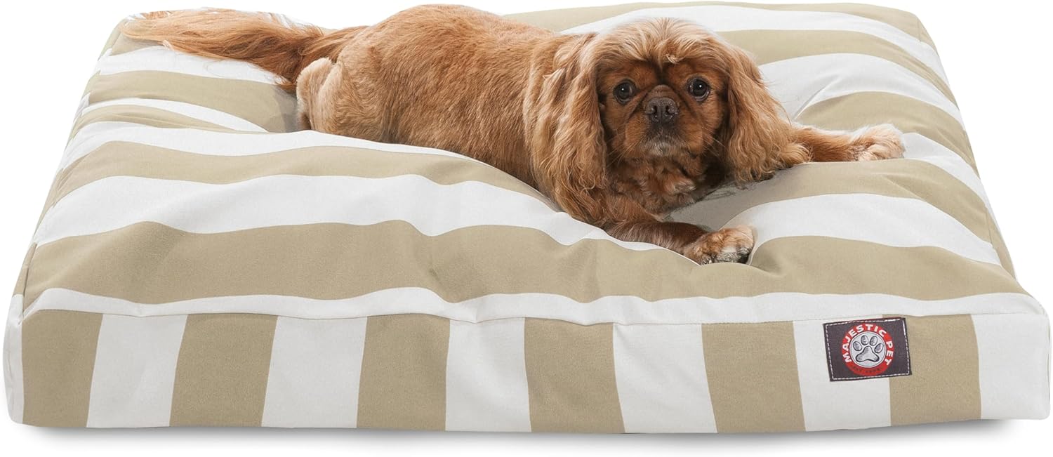 Majestic Pet Shredded Memory Foam Dog Bed Medium with Removable Washable Cover 35x29x4 Inch – Rectangle Orthopedic Dog Bed for Senior Dogs–Flat Durable Dogs Crate Bed – Vertical Stripe – Sand