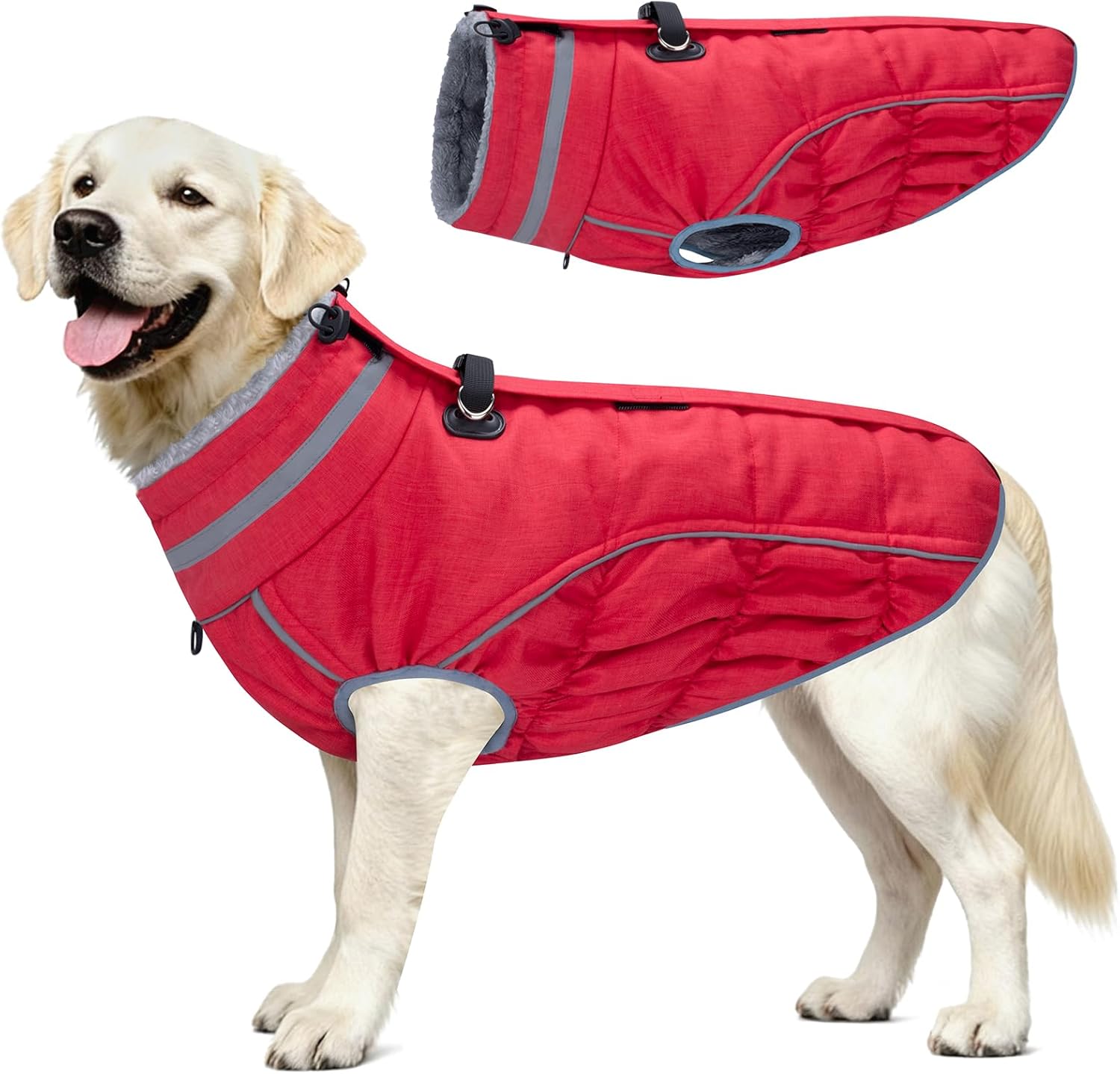 Malier Dog Coat, Reflective Dog Jacket Waterproof Windproof Puppy Cold Weather Coats with Harness Built in, Winter Extra Warm Pet Coat Fleece Vest for Small Large Pets and Puppy (Red, Medium)