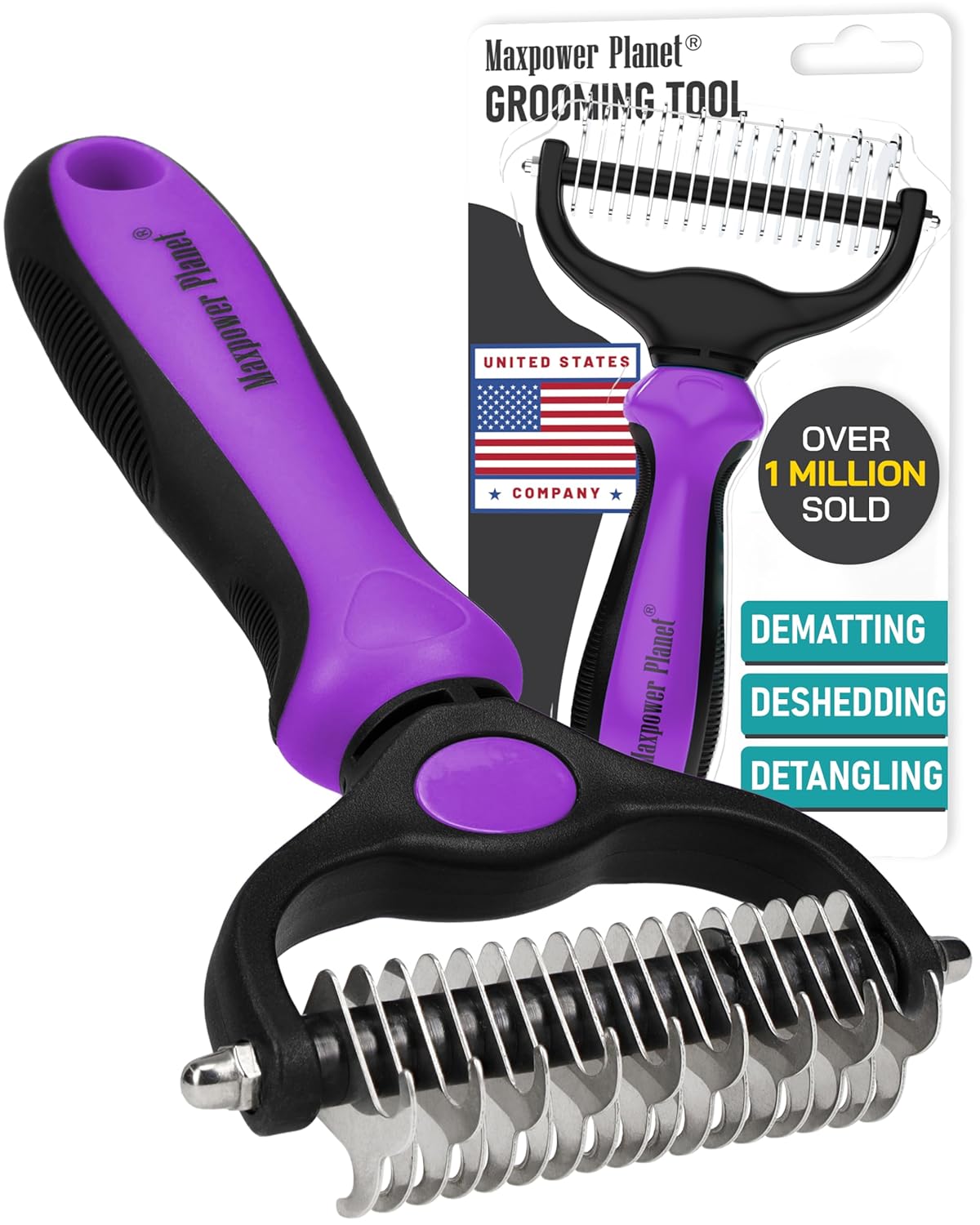 Maxpower Planet Pet Grooming Brush – Double Sided, Extra Wide for Dogs and Cats – Dematting Undercoat Rake, Reduces Shedding by 95%, Purple