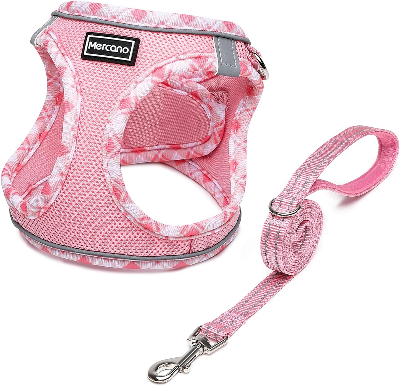 Mercano Soft Mesh Dog Harness and Leash Set, No-Chock Step-in Reflective Breathable Lightweight Easy Walk Vest Harnesses with Safety Buckle for Small Dogs, Cats (Pink, M)