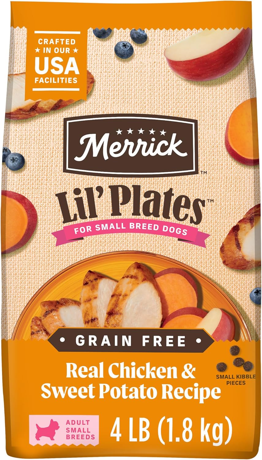 Merrick Lil’ Plates Premium Grain Free Dry Dog Food For Small Dogs, Real Chicken And Sweet Potato Kibble – 4.0 lb. Bag
