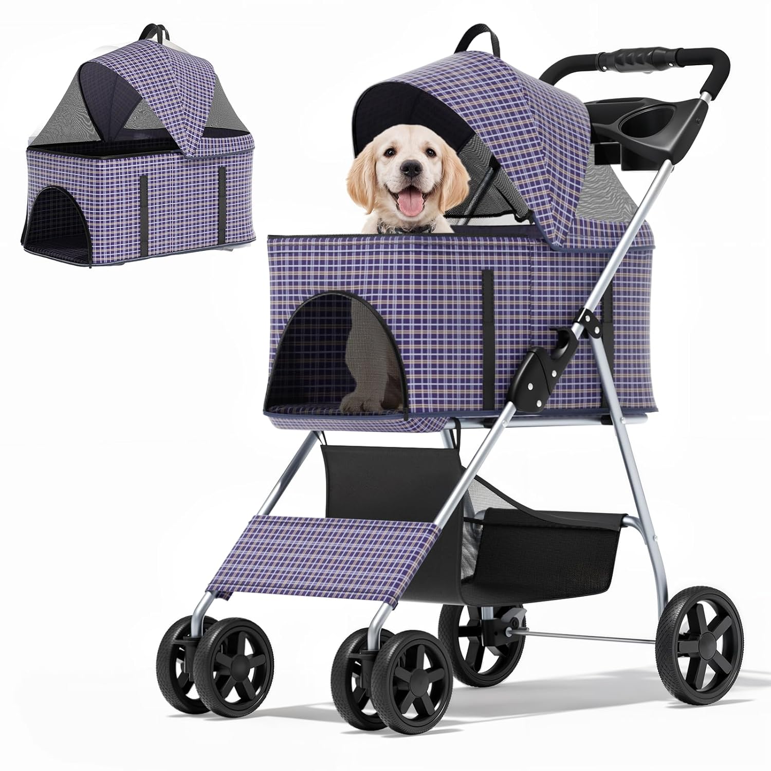 MoNiBloom 3 in 1 Foldable Pet Stroller for Small & Medium Dogs, Detachable Carrier, Car Seat, Push Button Entry, 4-Wheel Jogger for Pets up to 33 lbs, Plaid
