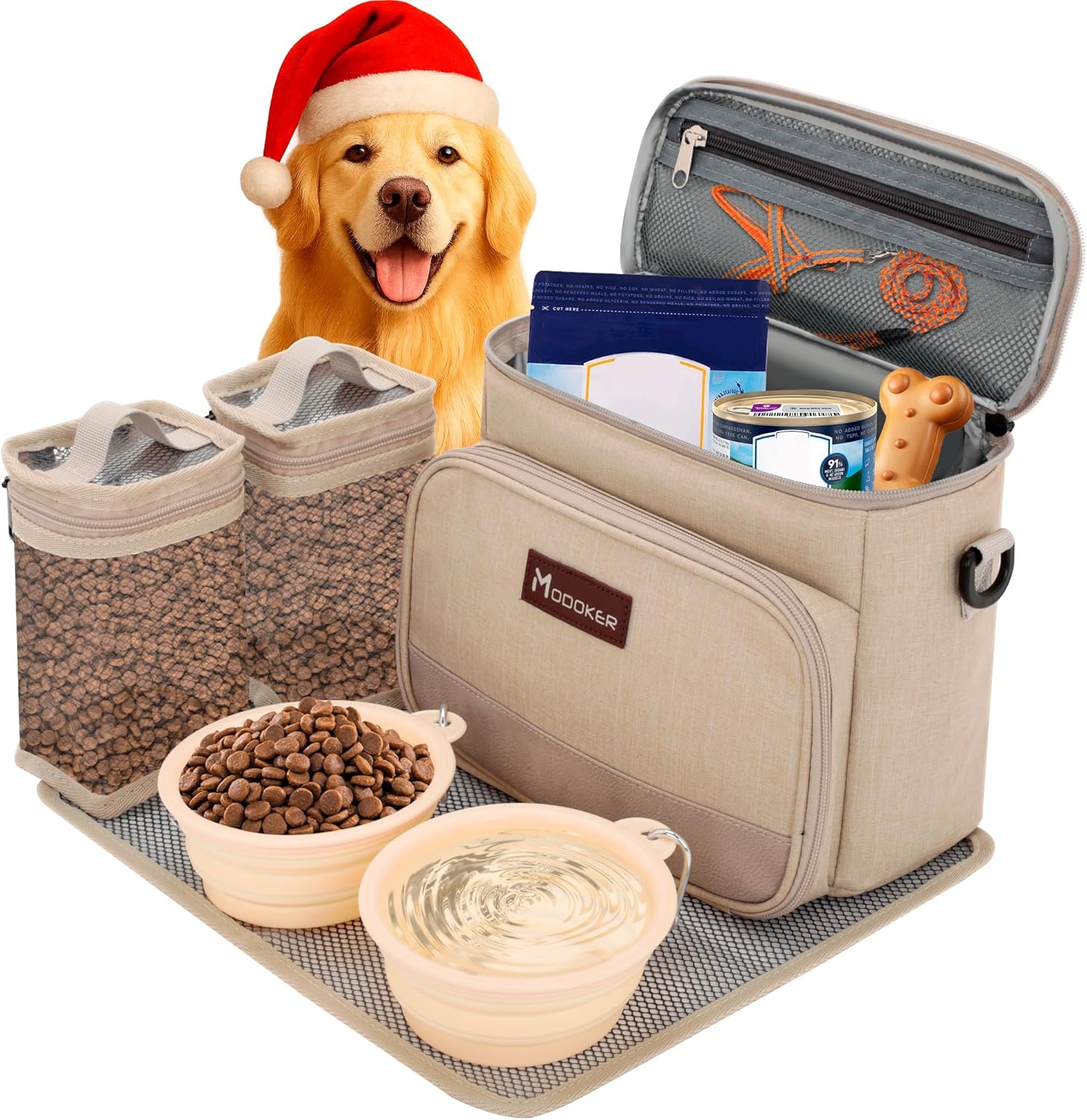 Modoker All-in-One Dog Travel Bag Airline Approved Pet Cat Tote Organizer for Weekend Trips, 2 Bowls, 2 Food Containers & Feeding Mat