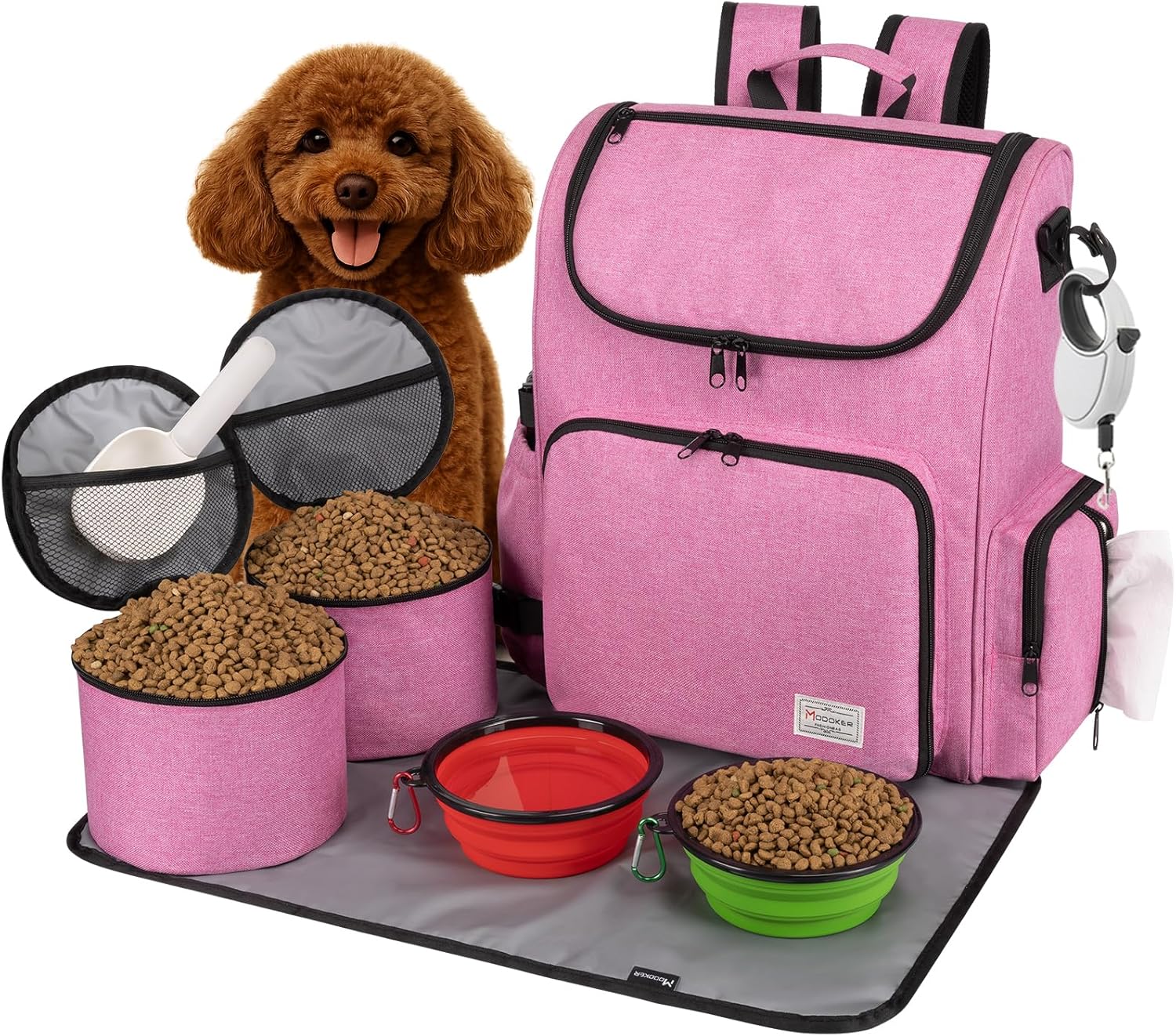 Modoker Dog Travel Bag Backpack, Airline Approved Pet Accessories Organizer for Dog and Cat with Shoulder Strap, 2 Dog Food Storage Containers, 2 Collapsible Dog Bowls,1 Pet Mat, Pink