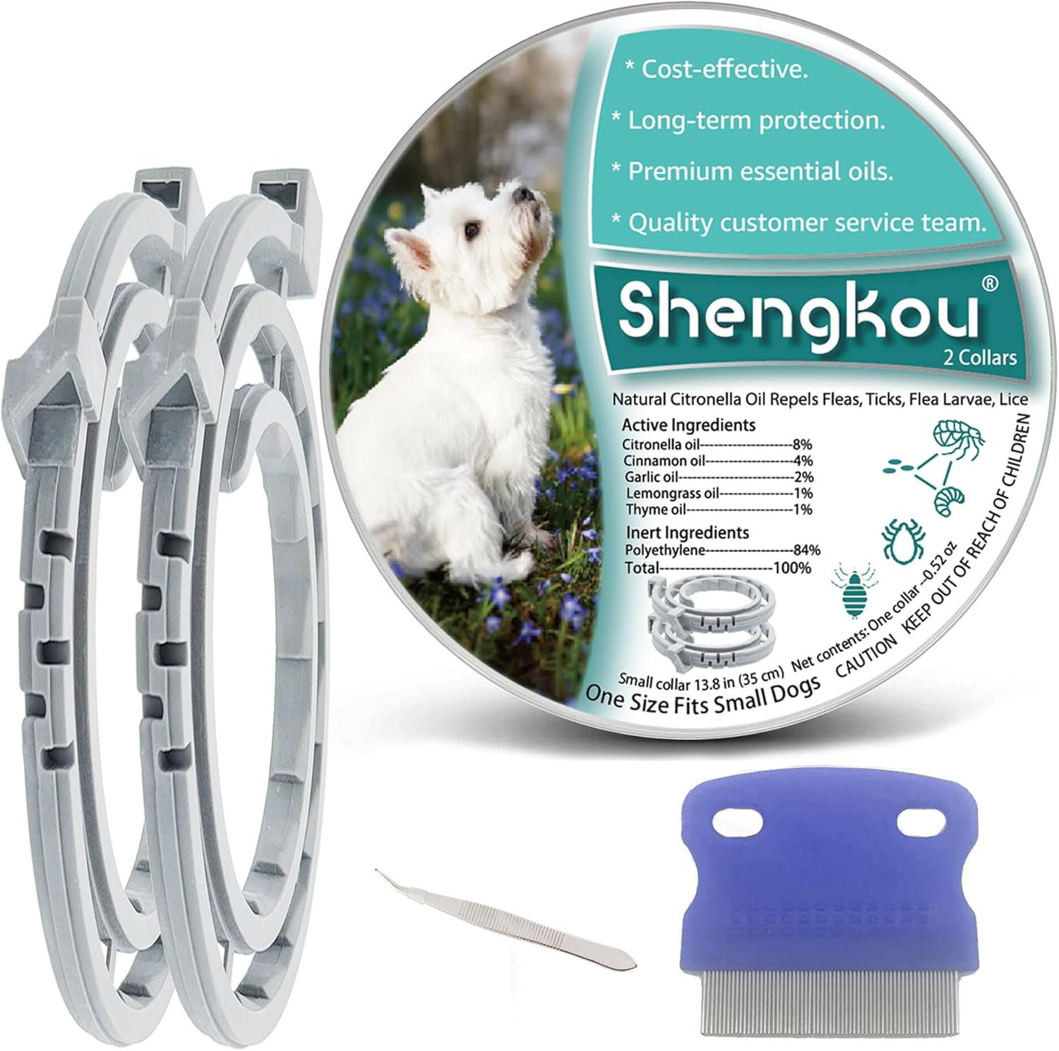 Natural Flea and Tick Collar for Puppies – 12-Month Protection, Safe Pest Control – Waterproof, Strong – Free Flea Comb and Tick Tweezer Included – 2-Pack, 13.8 Inches