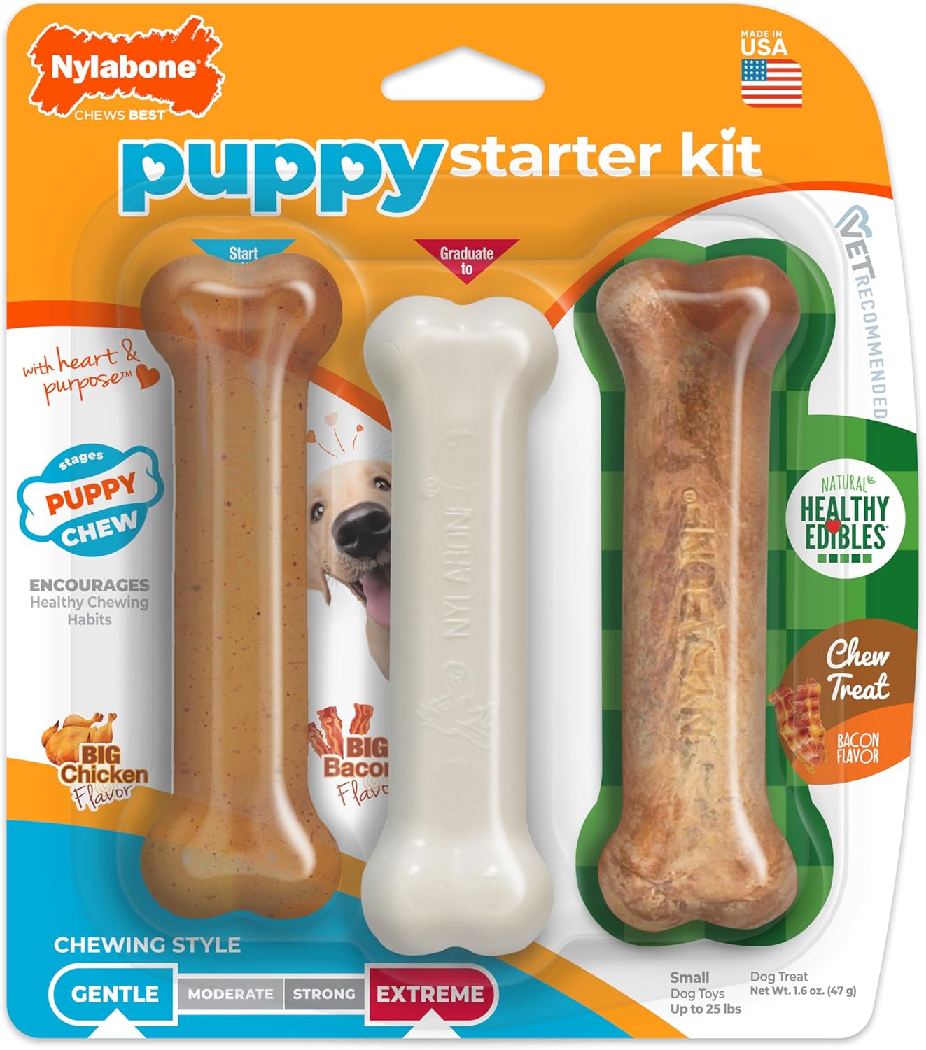 Nylabone New Puppy Starter Kit, 2 Chew Toys and 1 Natural Treat for Puppies, Puppy Teething Toy, Bacon & Chicken Flavor, Small Dogs – Up to 25 lbs., 3 Pack