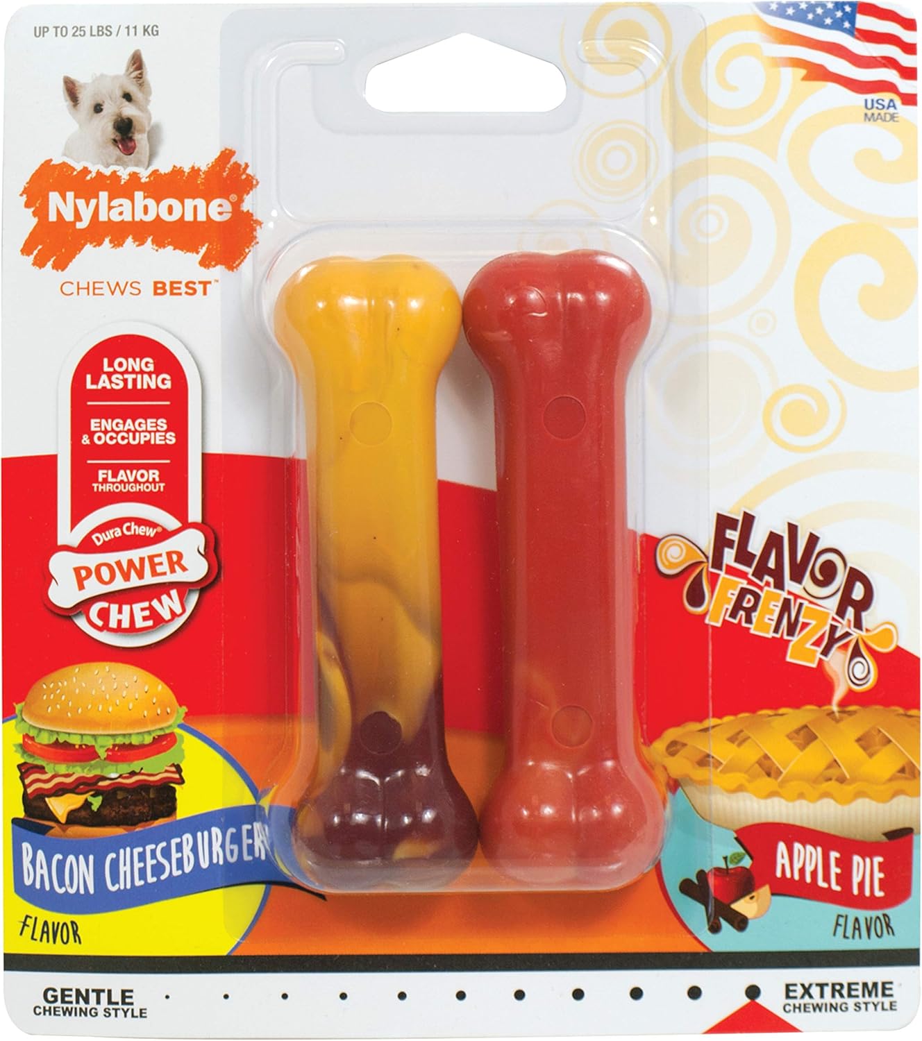 Nylabone Original Bone Power Chew Toy for Dogs, Durable Dog Toys for Aggressive Chewers, Flavor Frenzy Bacon Cheeseburger & Apple Pie Flavor, Small – Up to 25 Ibs, 2 Pack