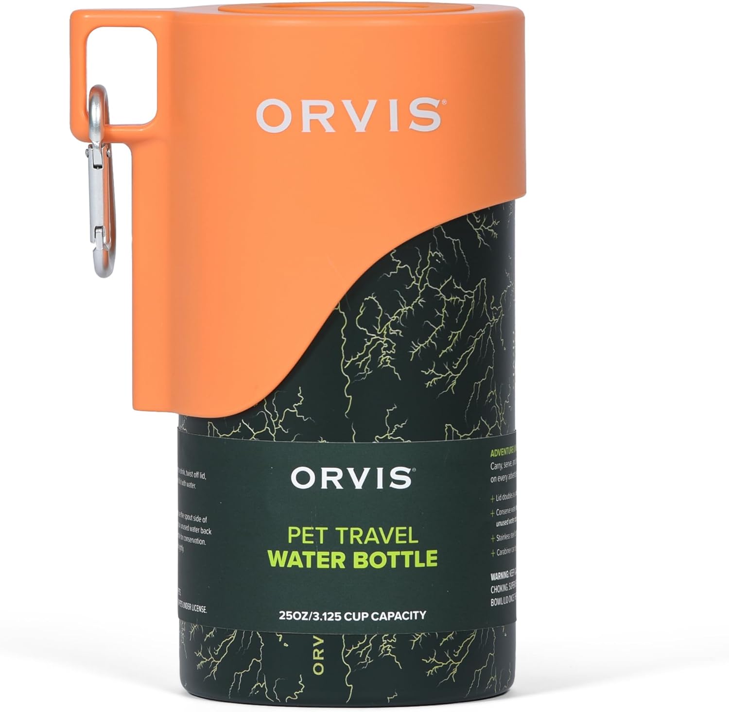 Orvis Dog Travel Water Bottle, 25oz Capacity | Portable Pet Waterer with Built-in Bowl | Stainless Steel, High Visibility Orange Lid