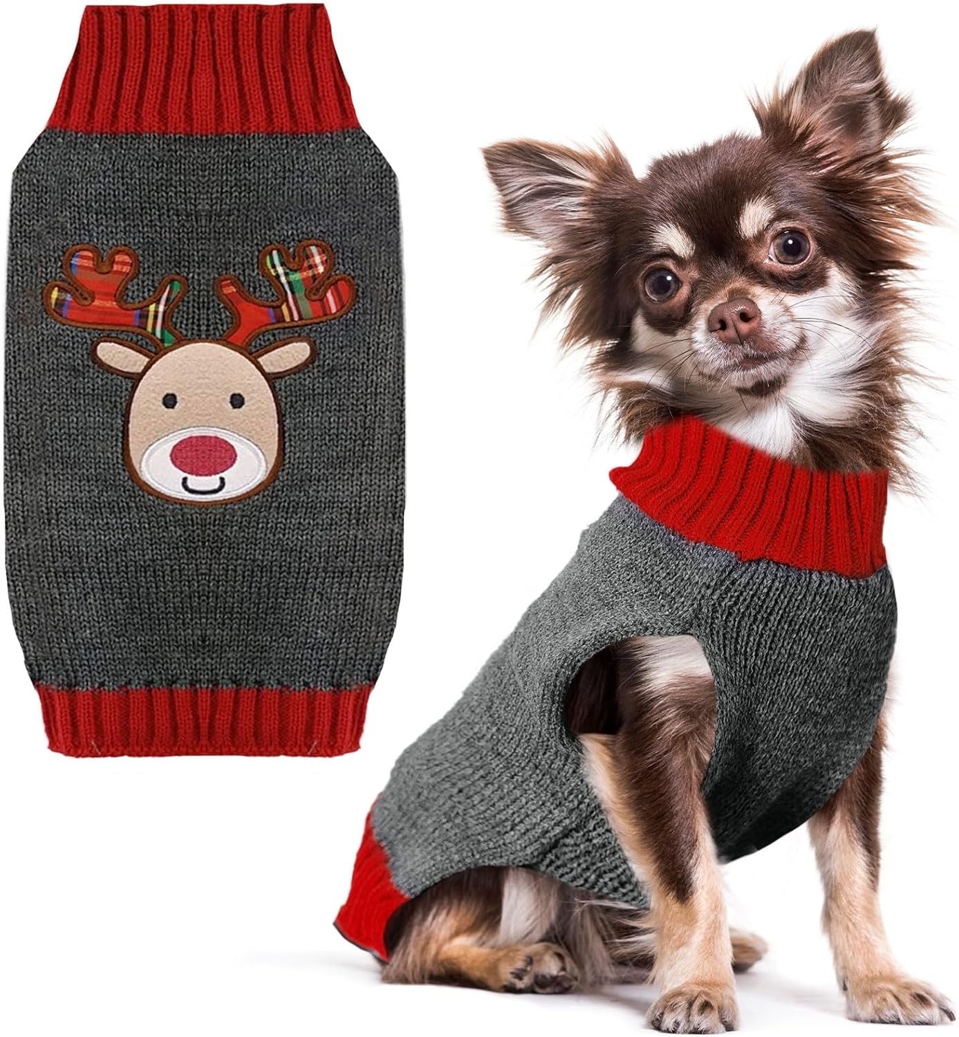 PETCARE Reindeer Christmas Dog Sweater Gray Cat Sweater Vest Cartoon Elk Pet Holiday Dog Clothes Puppy Sweaters for Small Medium Large Dogs Cats Fall Winter Outfits Xmas Dogs Costume,Large