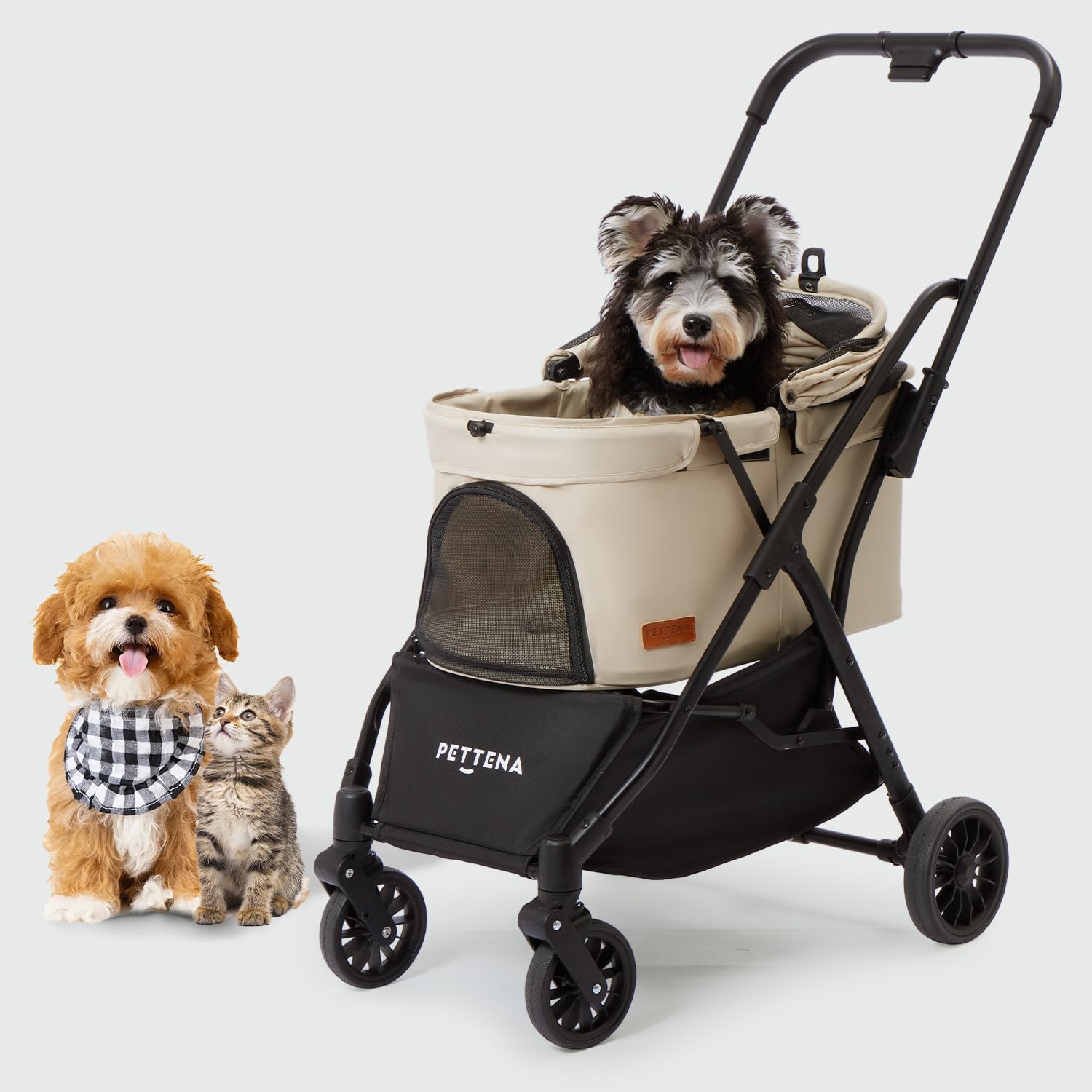 PETTENA Foldable Pet Stroller,4 Wheels Pet Strolling Cart for Small Dogs Cats up to 44 Lbs, Pet Travel Carrier Strolling Cart with Storage Basket, Portable Dog Cat Stroller with Breathable Mesh, Khaki