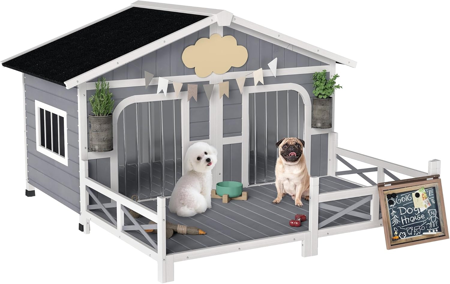 PawHut Dog House Outdoor, Wooden Dog Kennel Weatherproof with Porch, Openable Roof, Removable Bottom, Elevated Floor, Double Room for 2 Small to Medium Breeds, Gray
