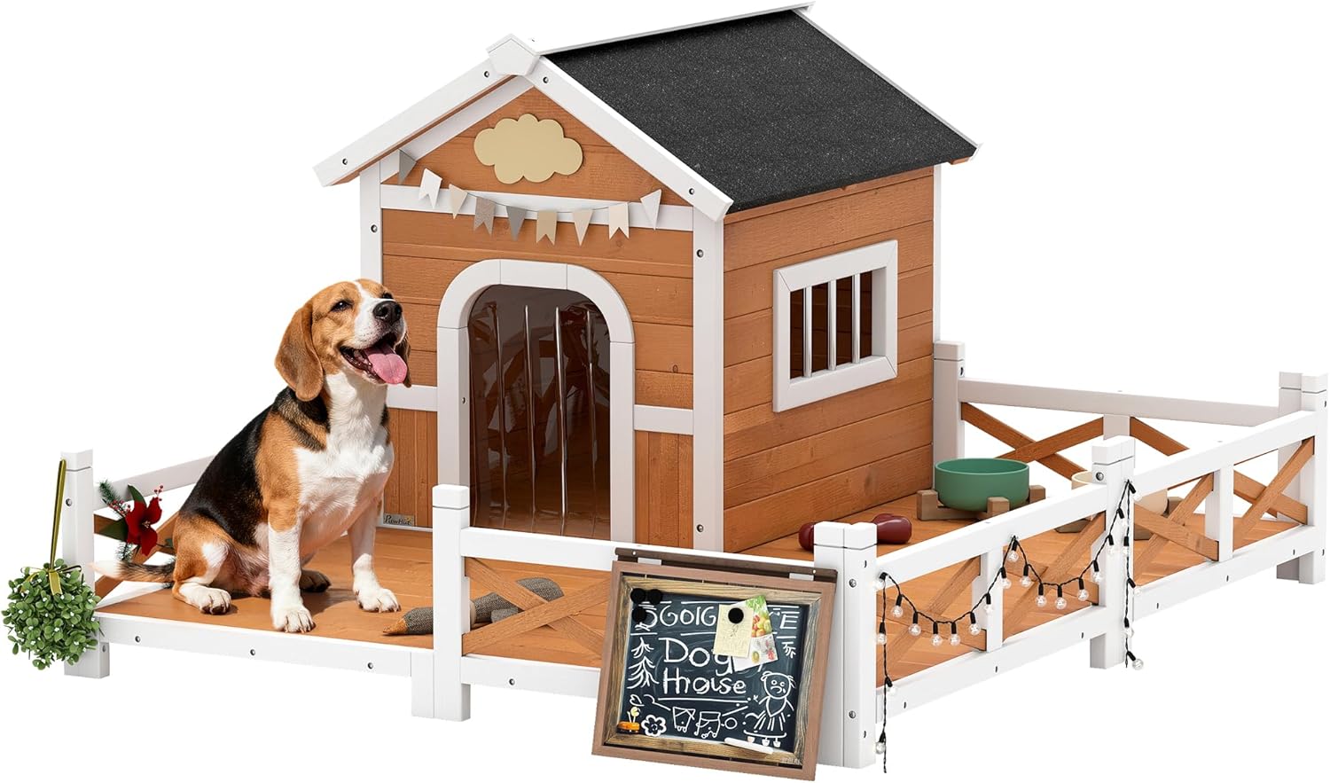 PawHut Outdoor Dog House, 56″ Wooden Dog House with Large Porch, Weatherproof & Openable Roof, Elevated Base, Removable Floor, Outside Shelter for Small to Medium Breeds, 47″ × 56″ × 31.5″